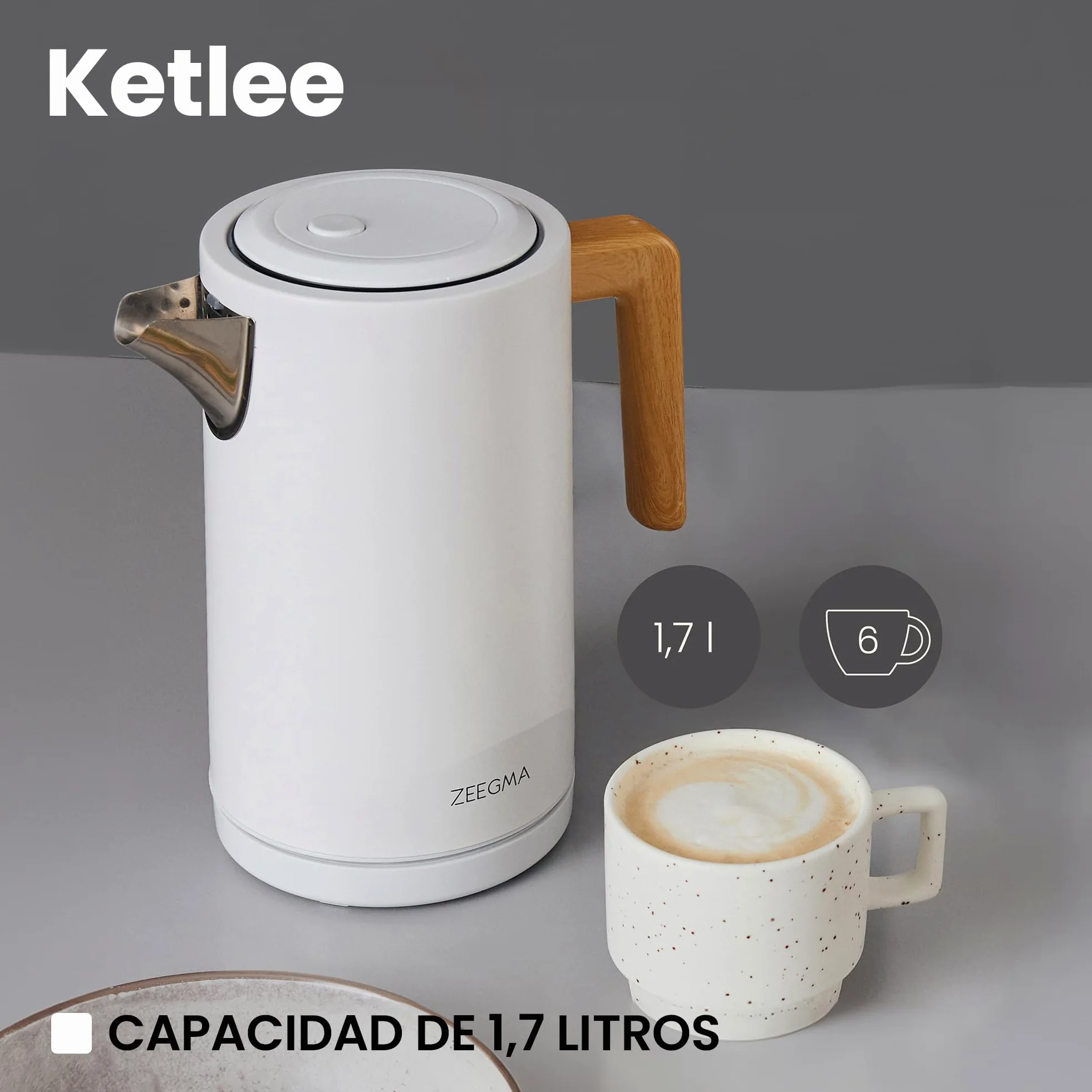 ZEEGMA KETLEE Hervidor de Agua Eléctrico Inalámbrico de 1,7 l para Té Café, Potencia de 2200 W, Indicador de Nivel de Agua, Apagado Automático, Acero Inoxidable Diseño Elegante Moderno