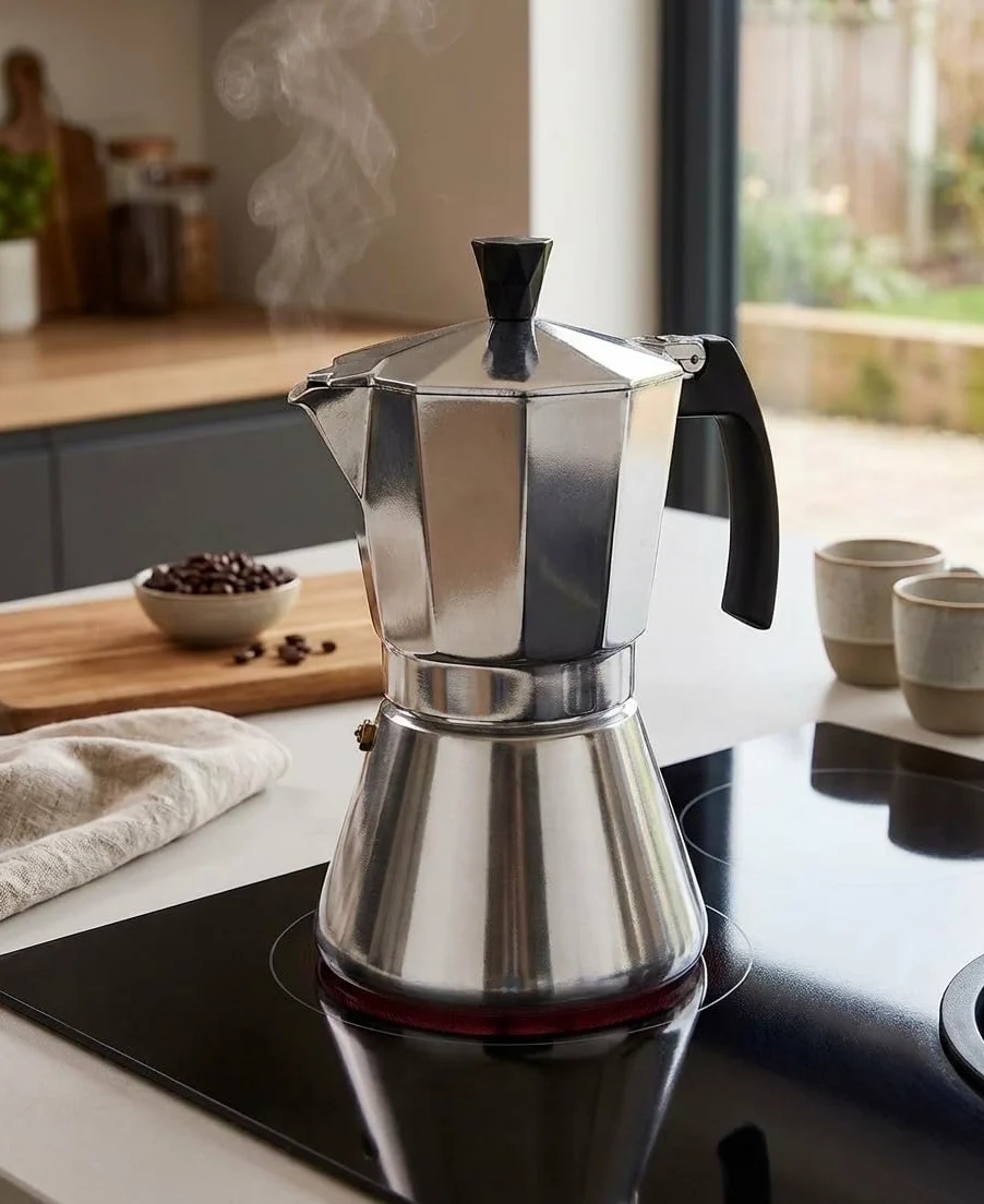Suinga CAFETERA CLÁSICA ITALIANA de inducción de aluminio duradero y resistente. Capacidad de 9 tazas. Color Gris