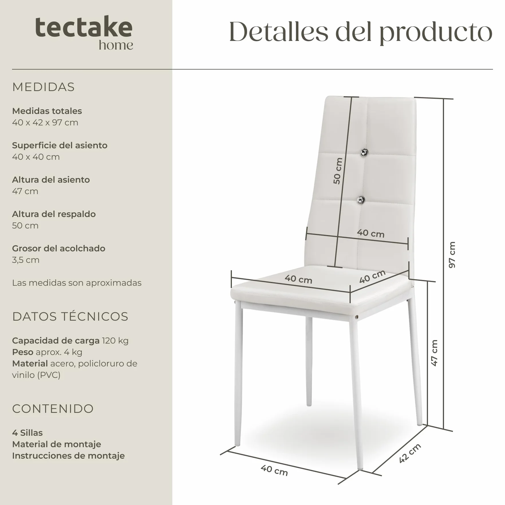 tectake® Silla de Comedor, Asiento y Respaldo Acolchado, Piel Sintética, Piedras Brillantes, Sillas Modernas, Sillas Cocina, Alta Capacidad de Carga, Montaje Rápido - 4 Sillas Blanco
