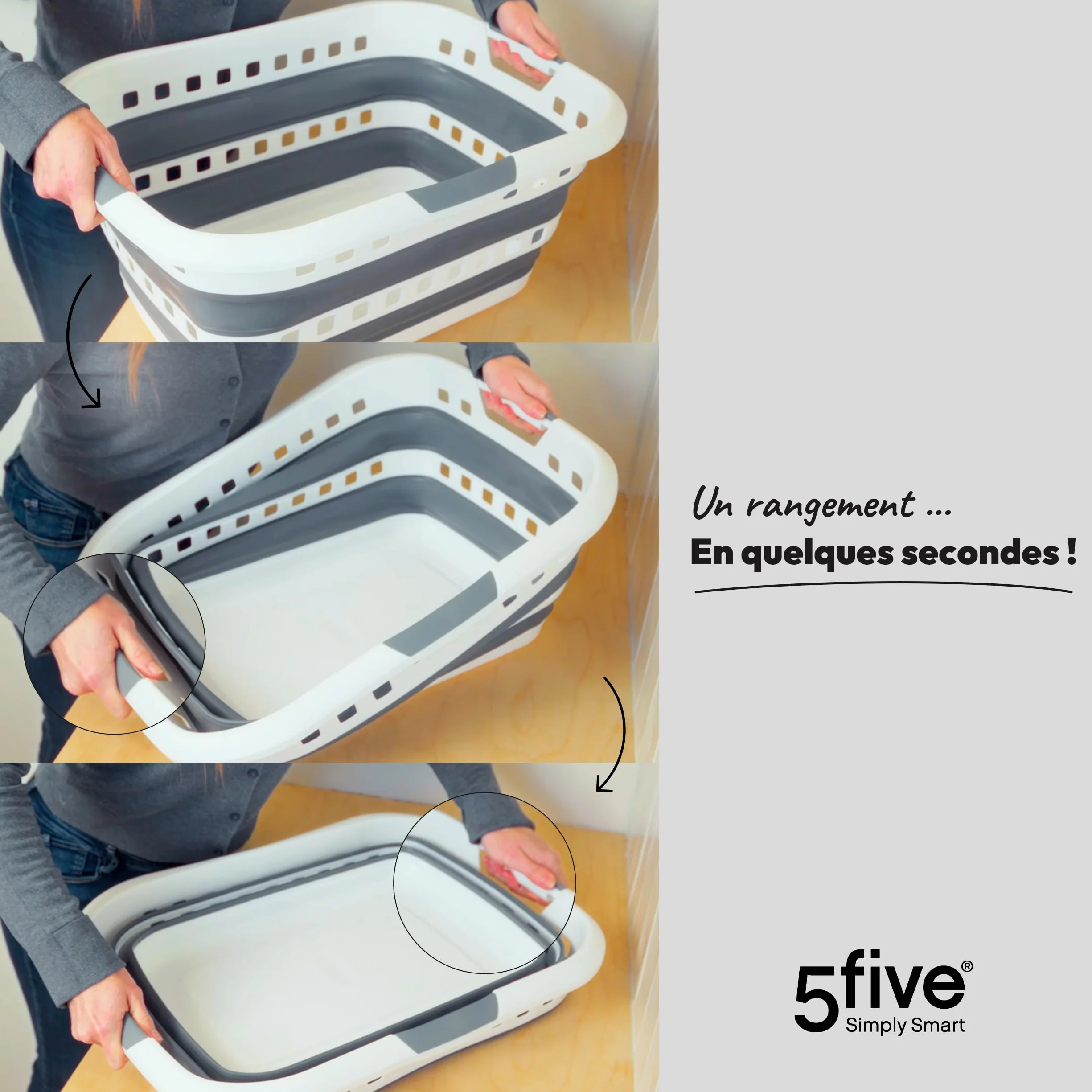 5 five simply smart 5five - Cesto de Ropa Plegable de 45 l - 3 Asas ergonómicas - Cesto de Ropa retráctil Rectangular - Gran Capacidad - Gris y Blanco