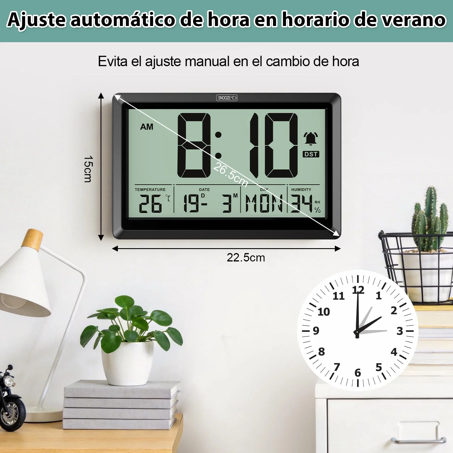XREXS Reloj Digital de Pared y Mesa de 19,4 x 10,4 cm, Pantalla LCD HD, Reloj Despertador, repetición, DST, Temperatura/Humedad, ℃/℉ y conmutable 12/24 Horas, Funciona con Pilas para hogar y Oficina