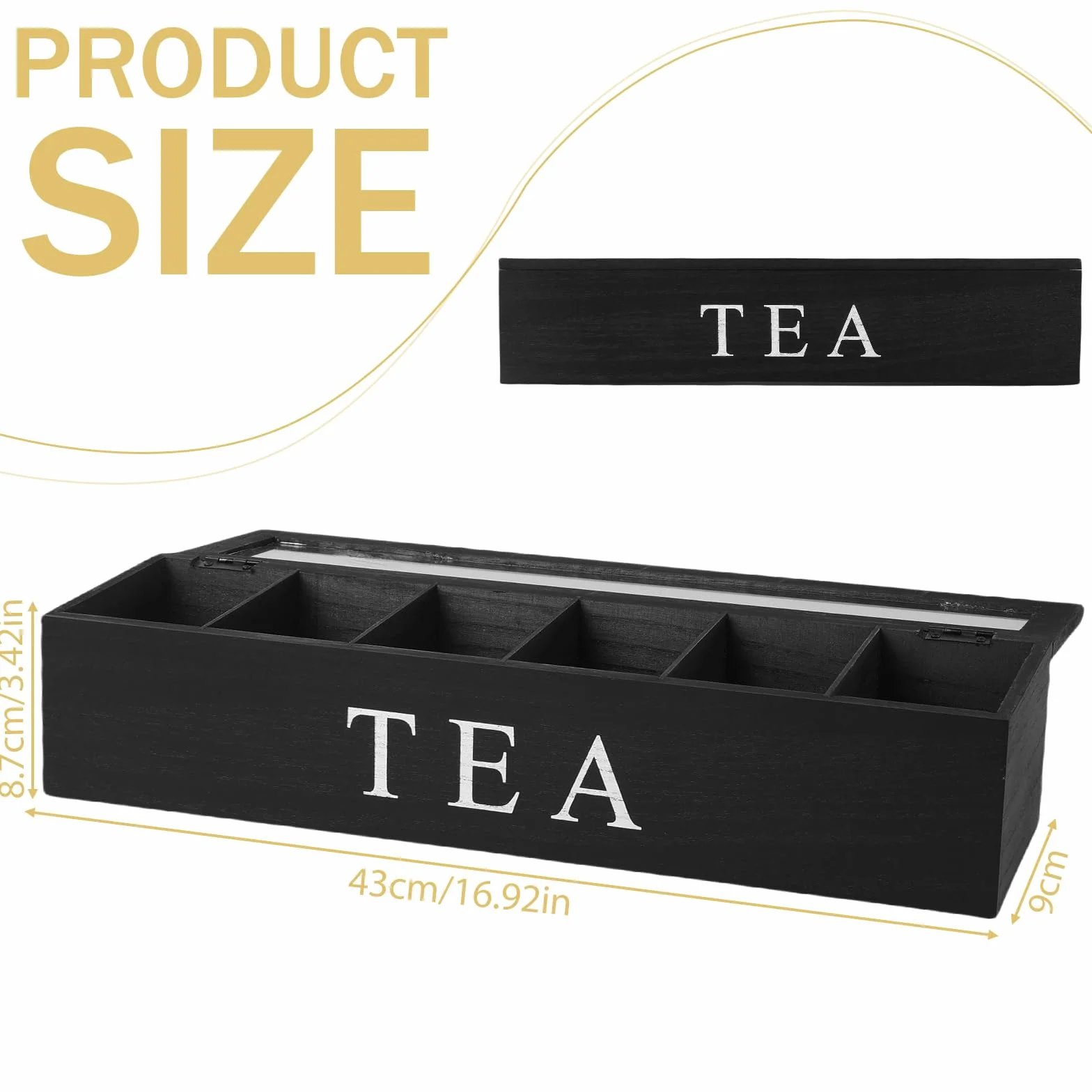 Organizador de bolsas de té con 6 compartimentos, 43 x 9 x 8,7 cm, cajas de té para bolsas de té, caja de almacenamiento de madera maciza negra, almacenamiento para bolsas de té, bolsas de especias