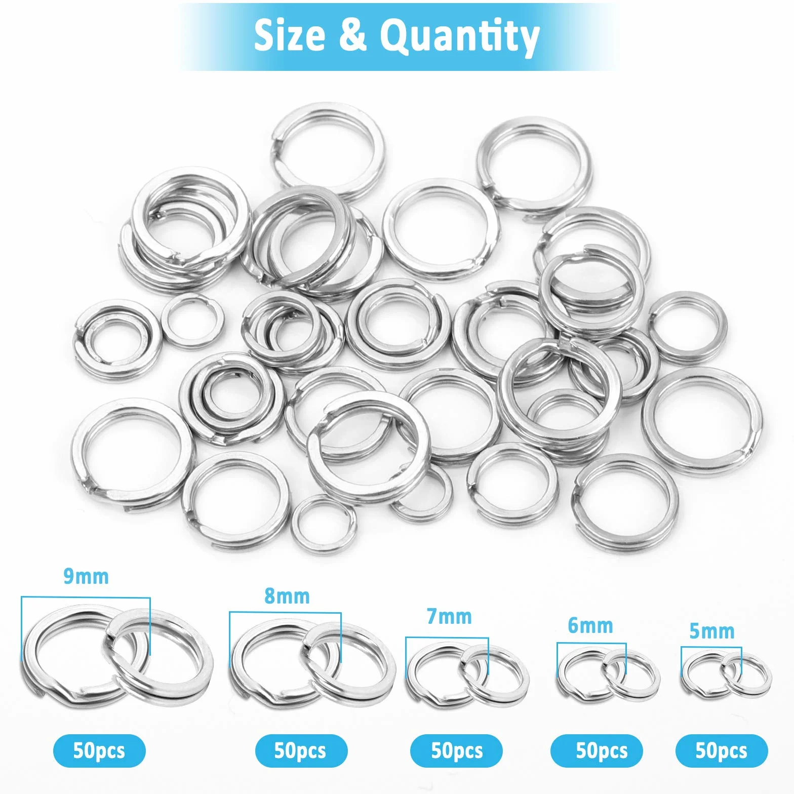 Anillos Partidos de Pesca de Acero Inoxidable 250 Piezas, Tamaño 5 para Anzuelos Jigging