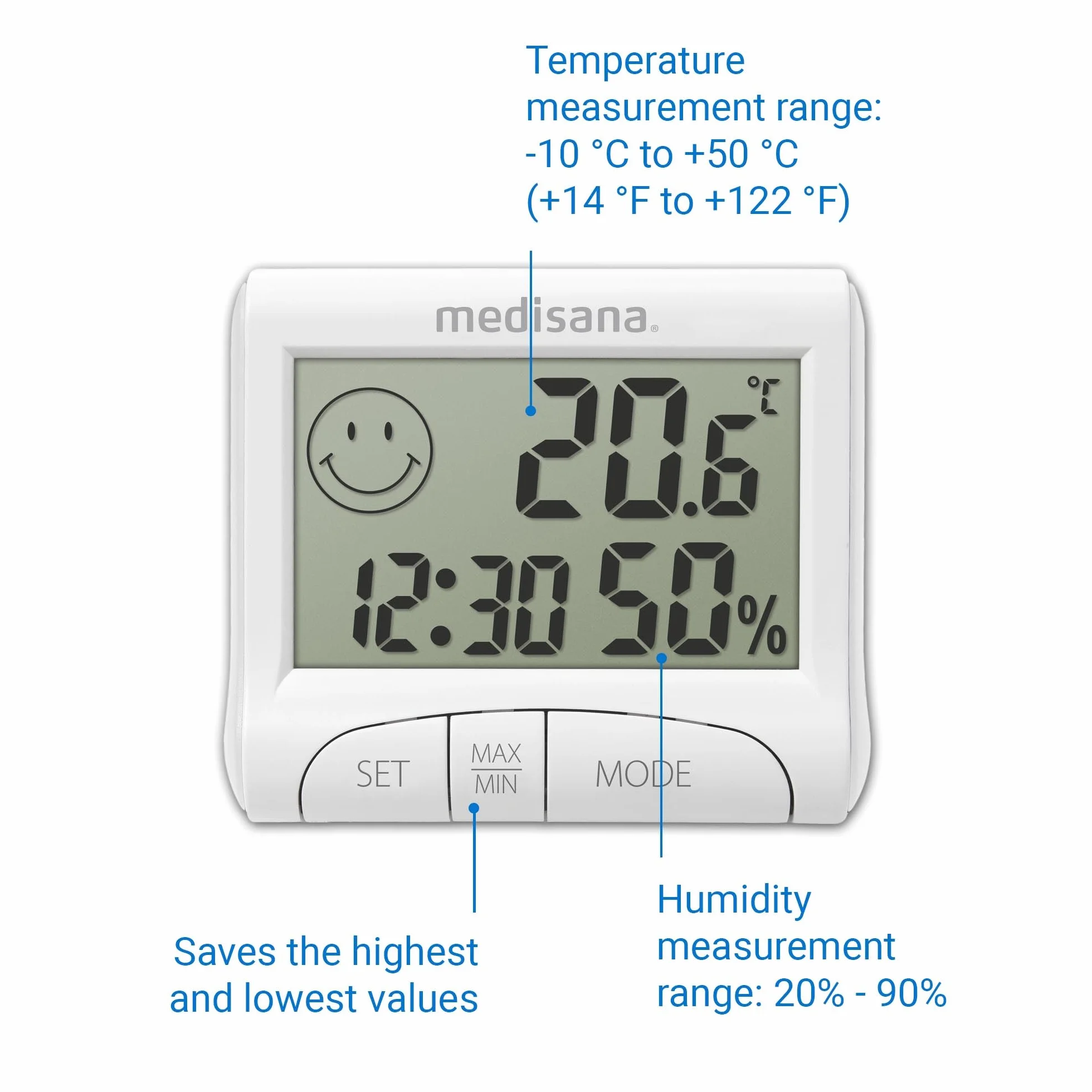 Medisana HG 100 Higrómetro digital, Termómetro ambiental, Medidor de humedad para habitaciones interiores, Indicación de la hora, Para un clima ambiental óptimo, Incluye función de memoria