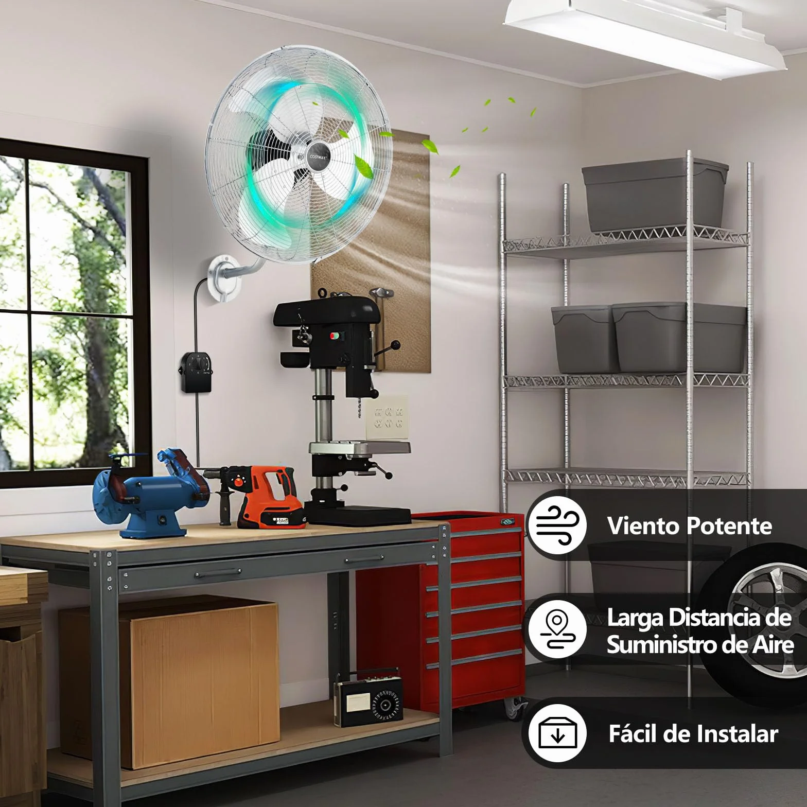 COSTWAY Ventilador Industrial de 120W, Ventilador de Pared Φ55cm con 3 Velocidades, Rotación Horizontal de 85°y Vertical de 30°, 3 Aspas de Aluminio, Metálico para Almacén y Taller (Plata)