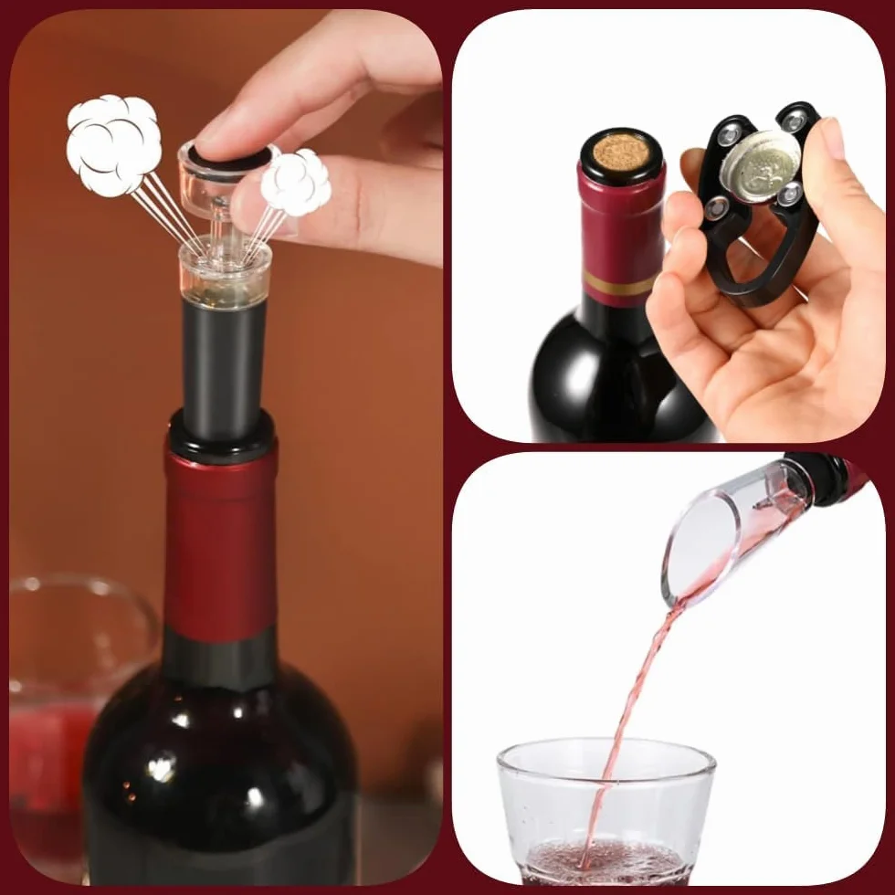 Juego de 4 extractores de corcho con bomba de aire, abridor de botellas de vino a presión portátil con aireador, juego de abridor de vino, regalo para amantes del vino, amigos, apertura rápida de