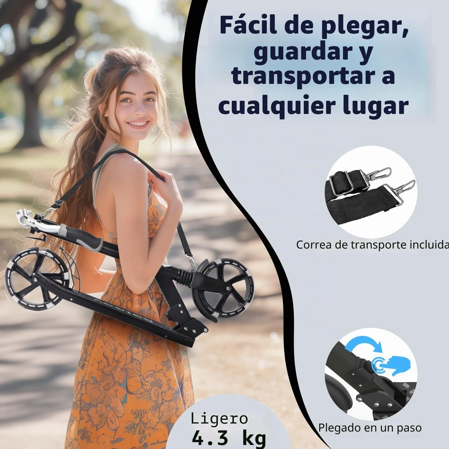 BELEEV Patinete Plegable 2 Ruedas con Luces LED, Rueda 200mm, Altura Ajustable, Adulto Niño