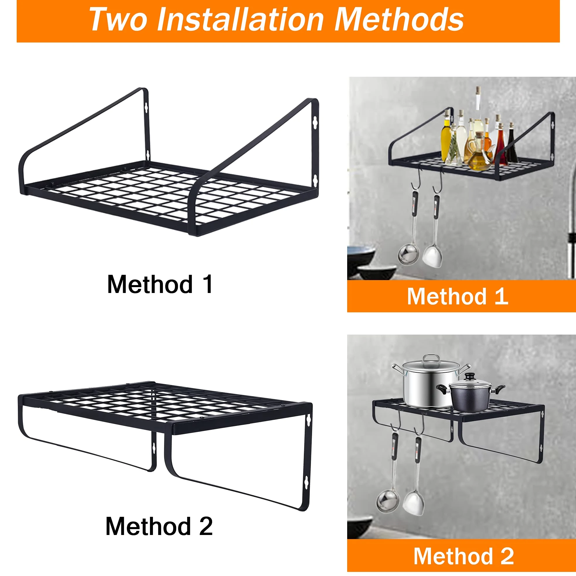 Perchero colgante para ollas y sartenes montado en la pared con 8 ganchos para utensilios de cocina y utensilios de cocina, 2 métodos de bricolaje, organizador colgante de sartén y olla de