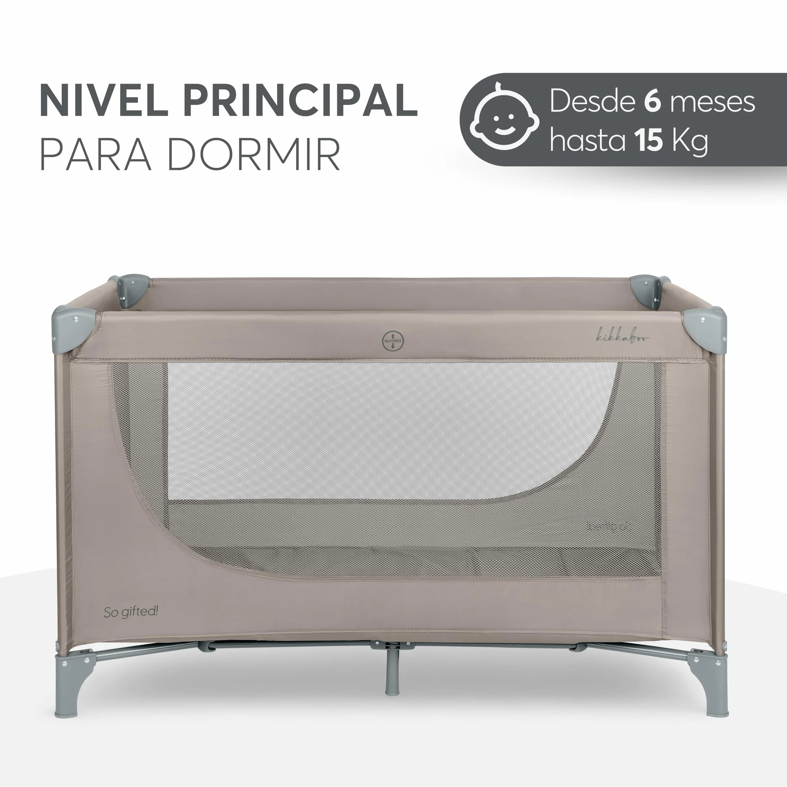 KikkaBoo Cuna de Viaje SO Gifted 2026 120x60 cm hasta 15 kg, Parque Plegable con Bolsa de Transporte, Beige