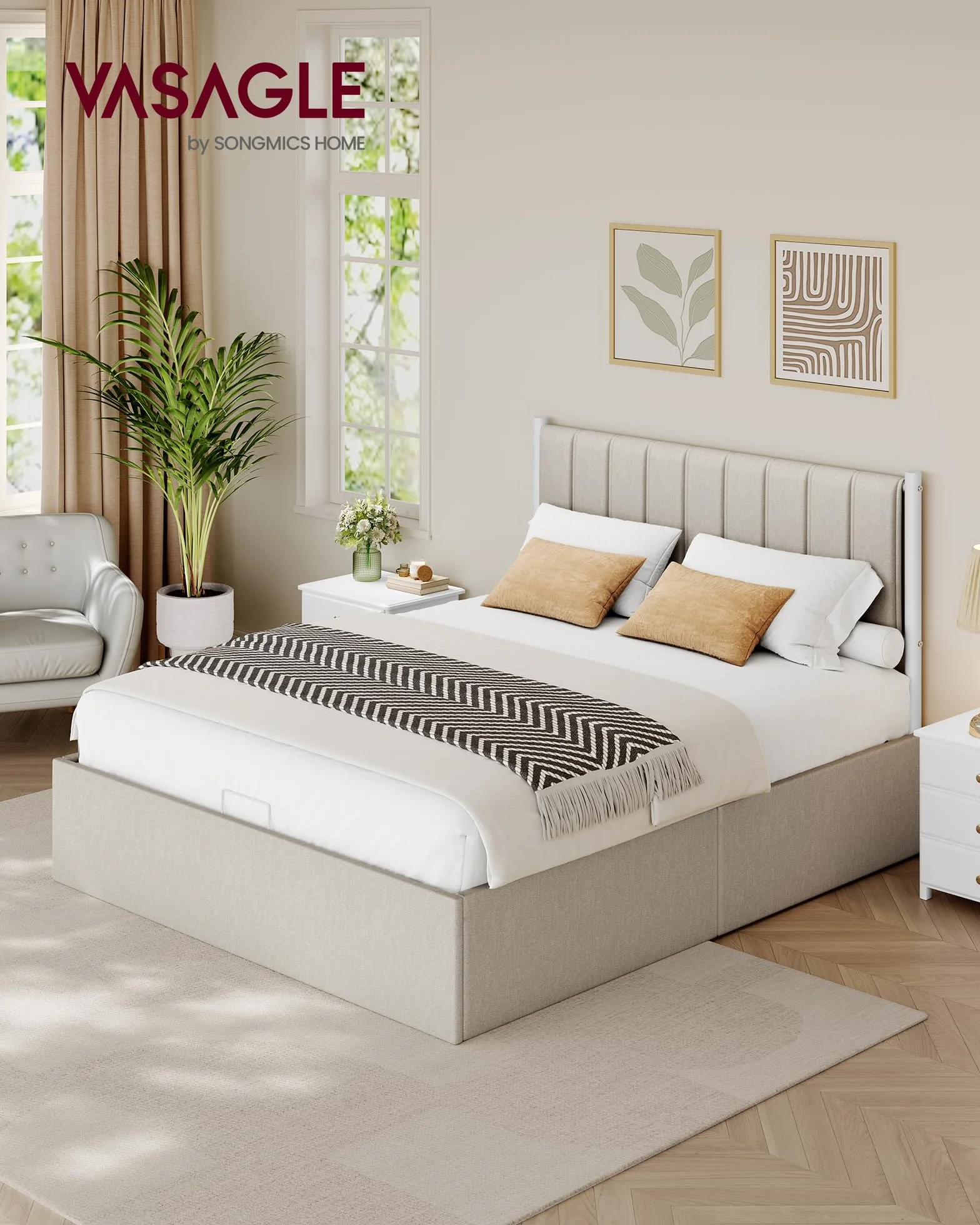 VASAGLE Estructura de Cama, 160 x 200 cm, Cama Elevable, 2 Personas, con Almacenaje, Cabecero, Sistema Hidráulico, Moderno y Minimalista, Fácil Montaje, Beige Capuchino RMB615LH01