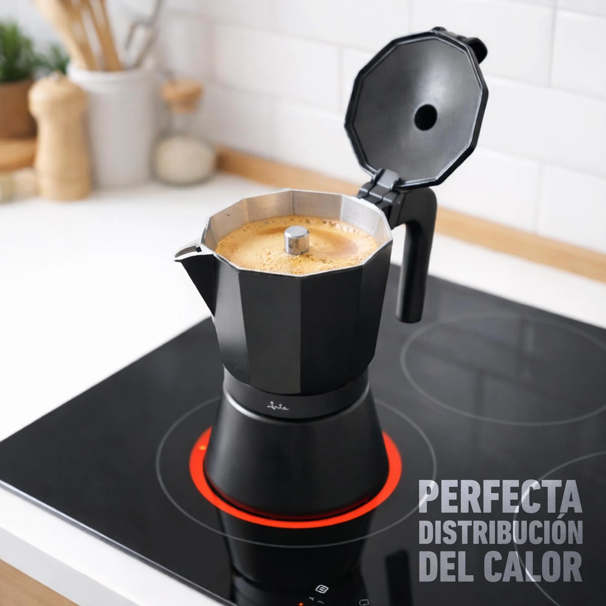 Jata CFI6 - Cafetera Italiana Inducción, Capacidad 6 Tazas, Apta para Todo Tipo de Cocinas, Cuerpo Aluminio, Negro