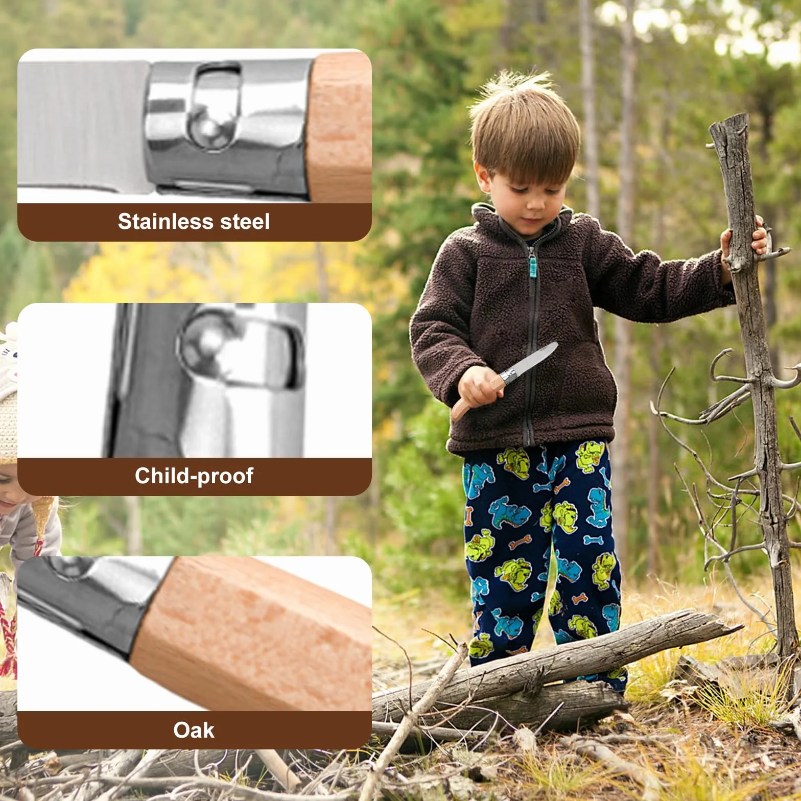 Juego de cuchillos infantiles para tallar con mango de madera, navaja plegable para exteriores con guantes
