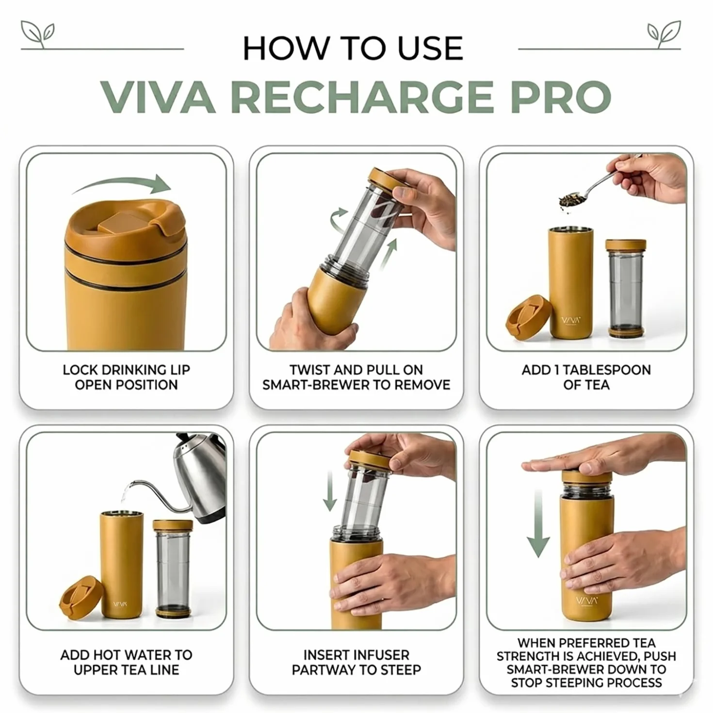 VIVA Recharge Botella Infusora de Te de Viaje, Acero, 460 ml | Acero inoxidable aislado con infusor extraible, hermetica, te en hojas frio o caliente