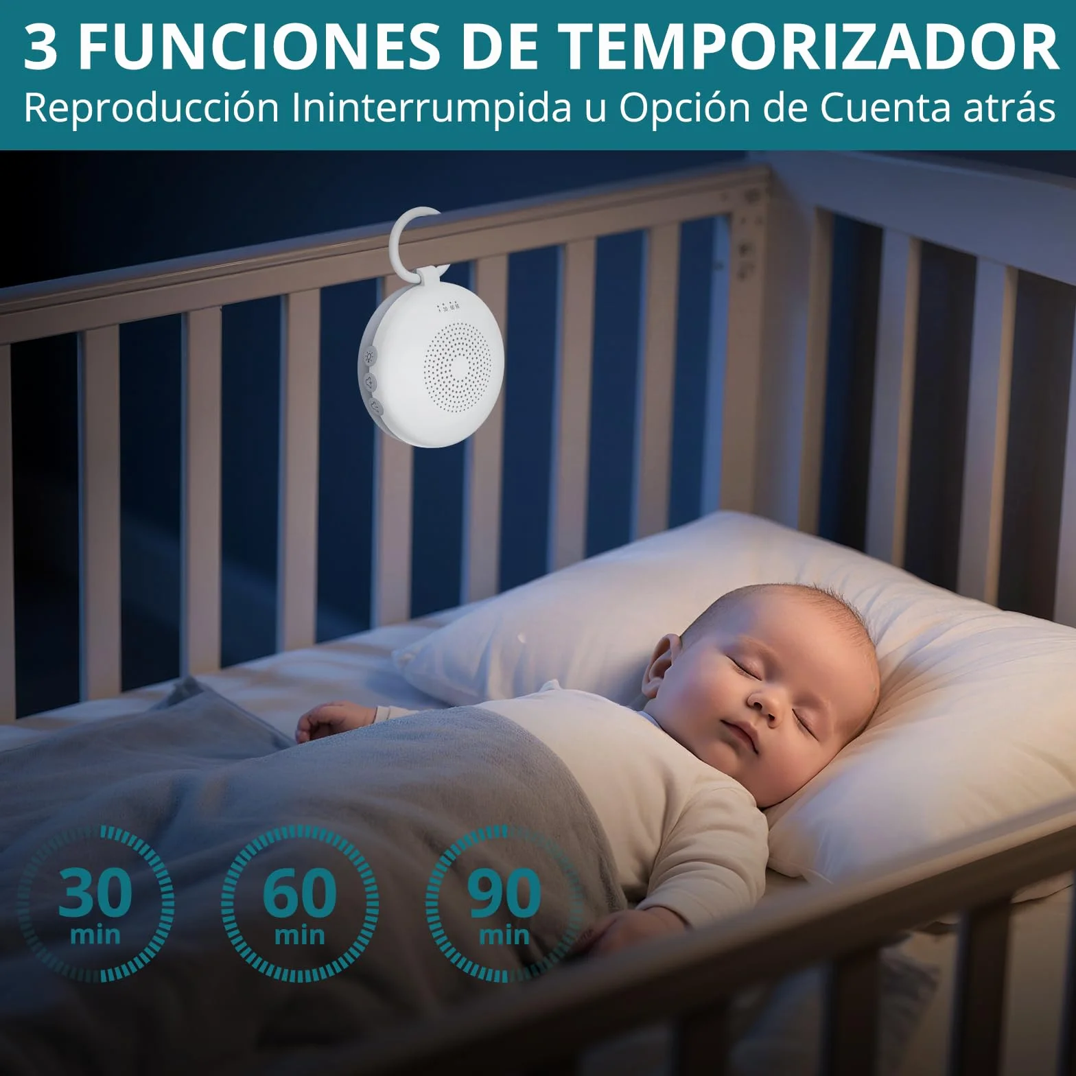 Máquina de Ruido Blanco para Dormir Bebé, Sonido Portátil con 12 Sonidos Relajantes, Luz Nocturna 6 Velocidades, Memoria y 3 Temporizadores
