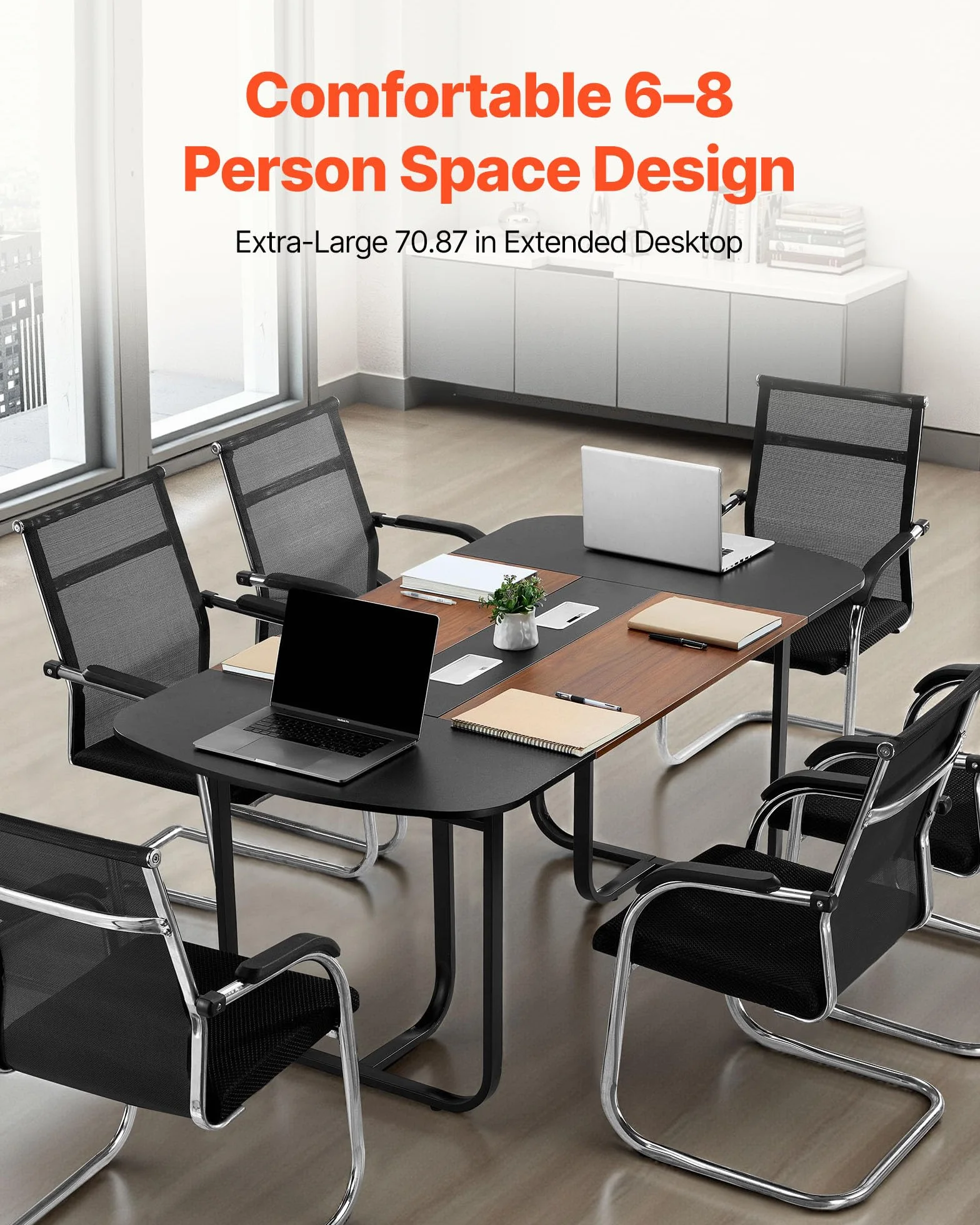 VEVOR Mesa de Conferencias para 6-8 Personas, Ovalada, para Seminarios, Reuniones, Multiusos, con Patas Metálicas, para Oficinas, Salas de Conferencias, Color Negro y Marrón, 1800 x 900 x 750 mm