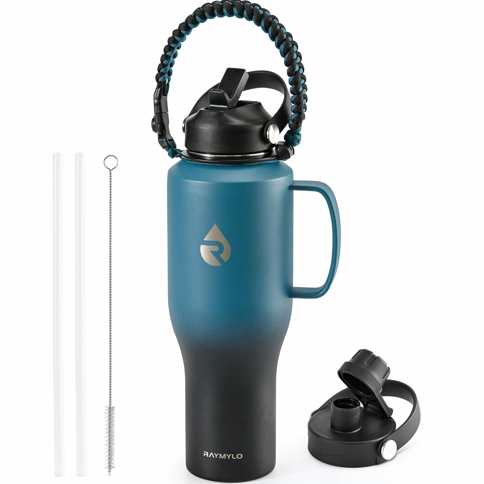 RAYMYLO Botella de agua aislada de 1.134 g con asa, cabe en el portavasos del coche | Termo de viaje con triple pared de acero inoxidable con asa, tapa de popote y mango de paracaídas, a prueba de fugas