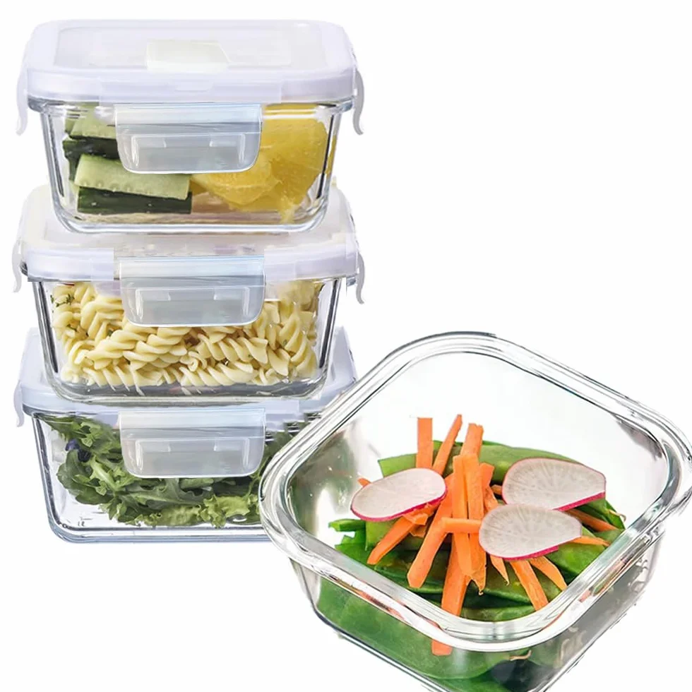 Recipientes cuadrados de vidrio para almacenamiento de alimentos, recipientes pequeños cuadrados de almacenamiento con tapas herméticas, a prueba de fugas, sin BPA, cuencos de vidrio de 16