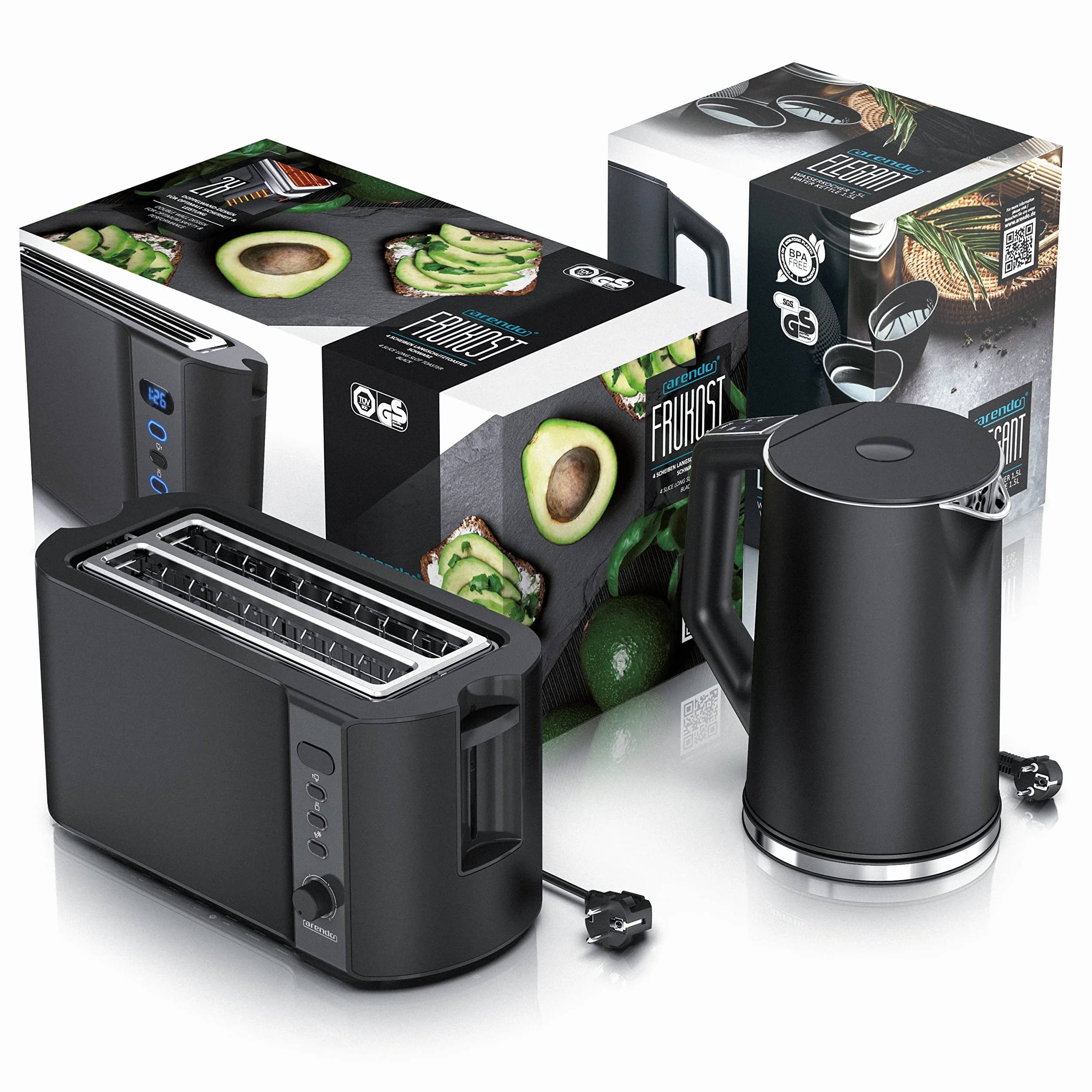 Arendo - Hervidor de agua con tostadora de acero inoxidable negro, hervidor 1,5 l, 40 °, 100 °C, función de mantenimiento caliente, tostadora, 4 rebanadas, pantalla LED, 6 niveles de bruñido