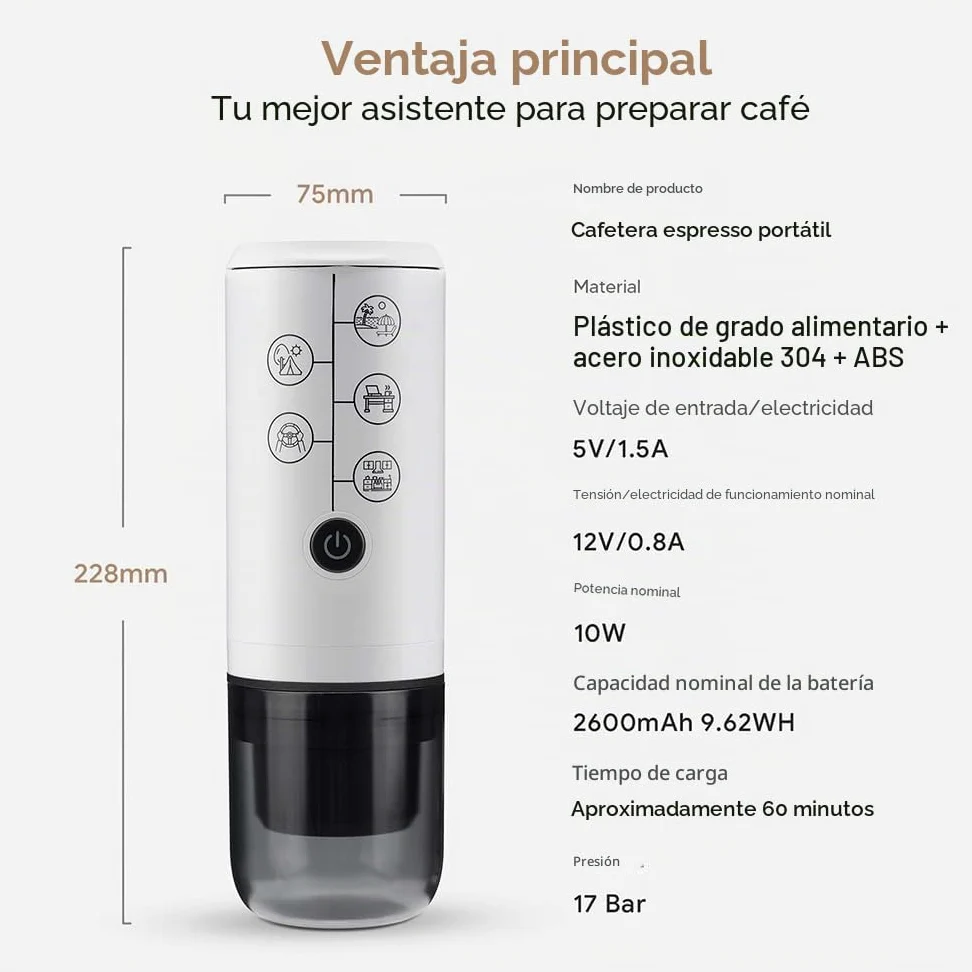 Cafetera espresso portátil 3 en 1 sin función de calefacción, cafetera eléctrica de carga tipo C, mini cafetera de 17 bares para N ESPRESSO/DolceGustoPods y café molido sobre la marcha