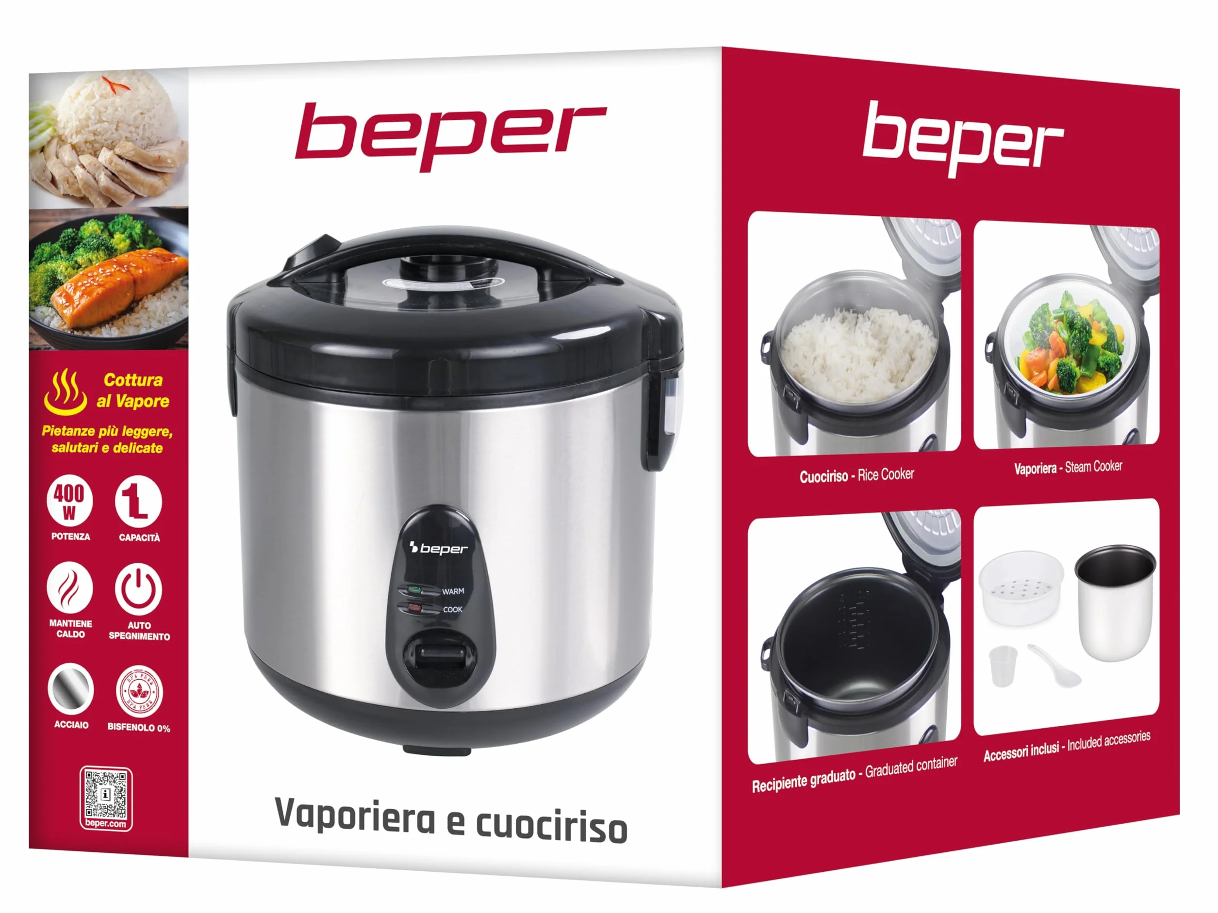 BEPER P101VAP002 Olla arrocera eléctrica con función de conservación del calor, capacidad de 625 g, revestimiento antiadherente, tapa con junta de silicona y bandeja para cocinar al vapor.