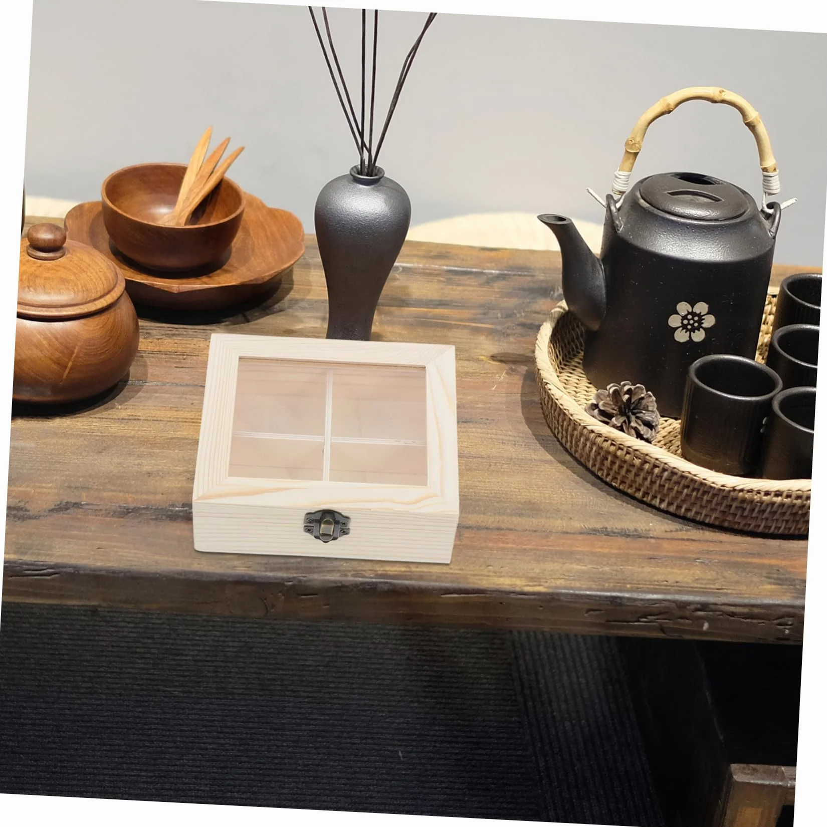 SHOWERORO Caja Organizadora Madera con Ventana Transparente y Cuatro Compartimentos Almacenamiento Multifuncional para Bolsitas Café para Cocina y Oficina