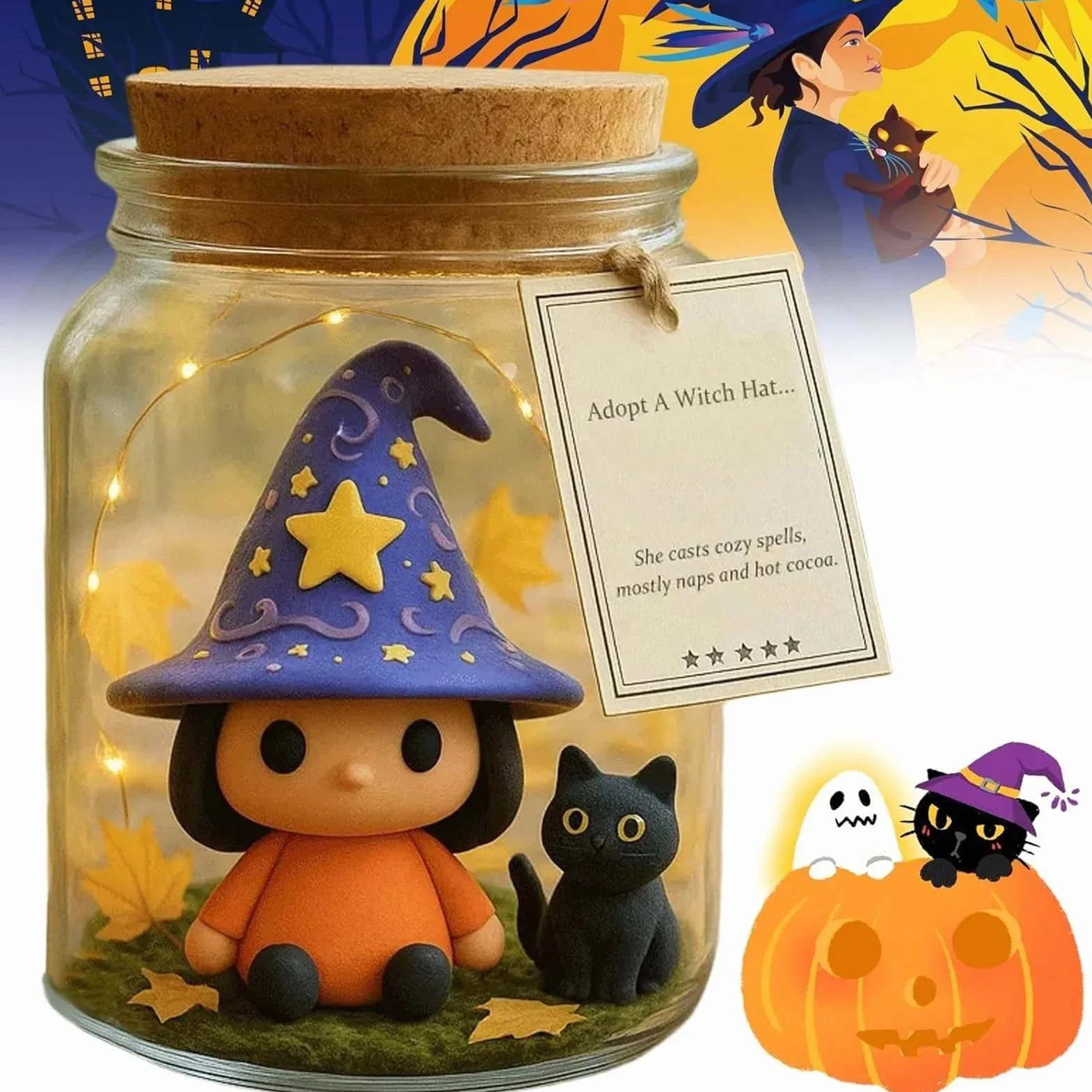 Genérico Tarro con Figura De Halloween - Bruja y Gato en Tarro,Regalo De Fiesta Centro De Mesa De Halloween Accesorios para Baño Fotografía Dormitorio Cocina Salón Estudio