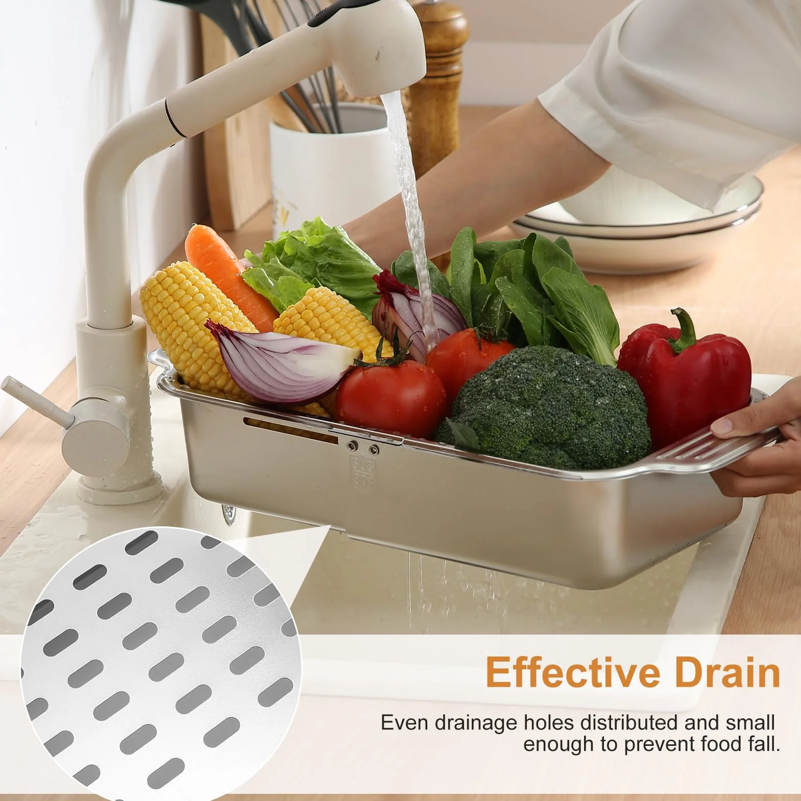 Escurridor Fregadero, Colador Fregadero Retráctil De Acero Inoxidable, Colador de Cocina, Escurridor Verduras Ideal para Lavar Verduras Y Frutas, Escurrir Pasta Cocida - Grande