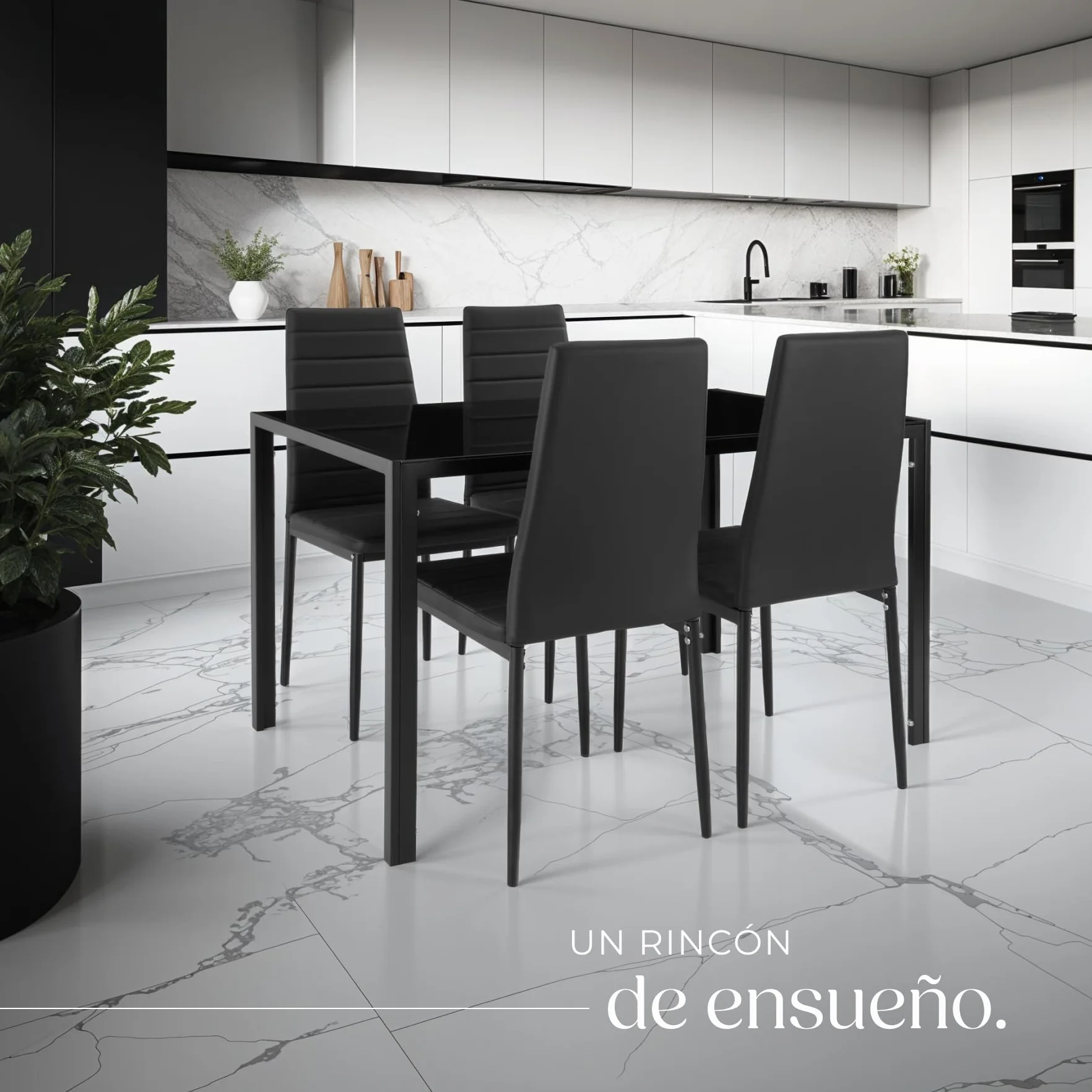 tectake® Conjunto Mesa y sillas de Comedor, Mesa con Tablero Cristal Seguridad y 4 sillas Cocina tapizadas Cuero sintético, Estructura Acero, sillas Comedor, Set Muebles de Cocina - Negro