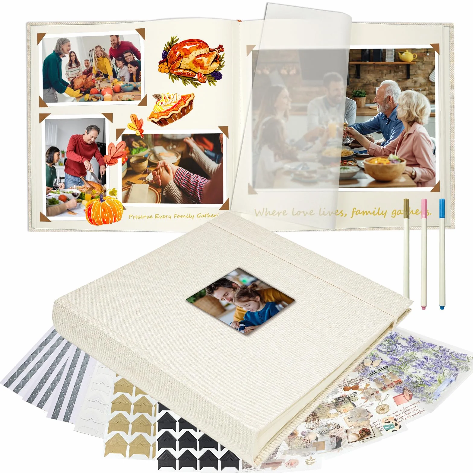 Álbum Fotográfico de Lino 30x30 cm Vienrose con Espacios para Texto, Scrapbook DIY 60 Páginas Beige