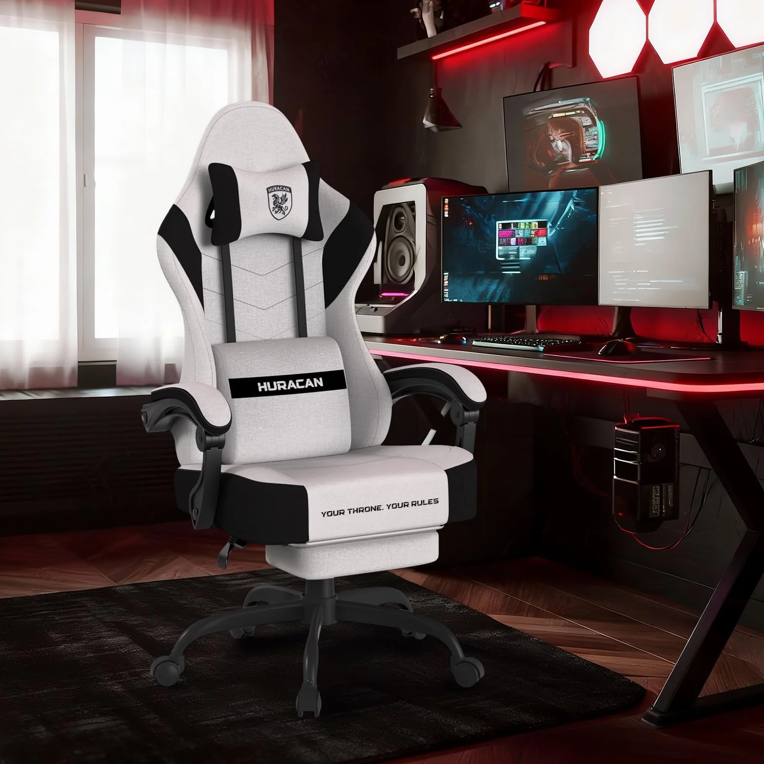 Verdego Silla Gaming, Silla Gamer Ergonómica con Masajeador Cojín Lumbar, Reposapiés Retractable y Reposacabezas, Tela de Poliéster, Reclinable 90-135°, Altura Regulable, Sillas Gaming, Blanco