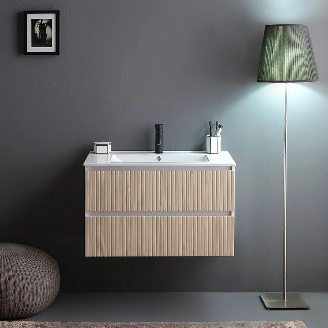 Kiamami Valentina - Mueble de baño suspendido 80cm Blanco con Frontal de Roble Estriado