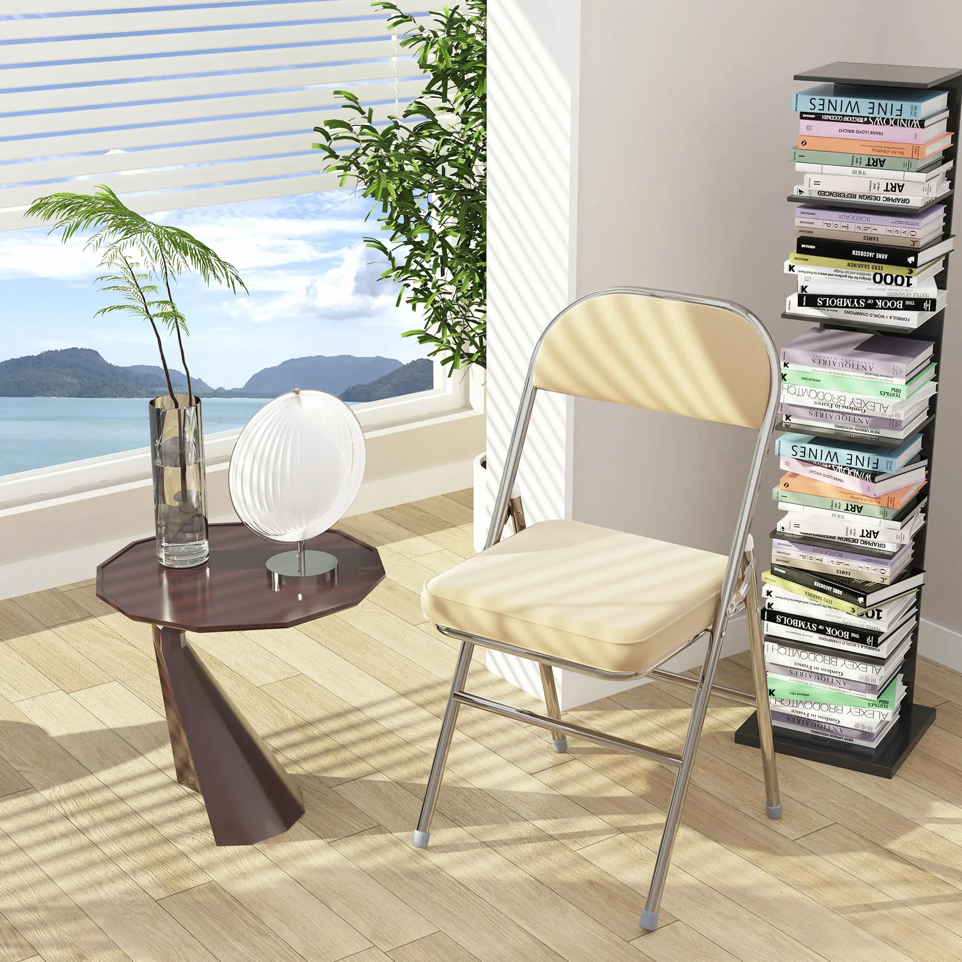 Juego de 4 Cómoda Silla Plegable sillas Plegables de Cuero para Cocina con cojín Grueso, sillas de Comedor Plegables para Cocina, Interior, Exterior, Sala de conferencias Beige
