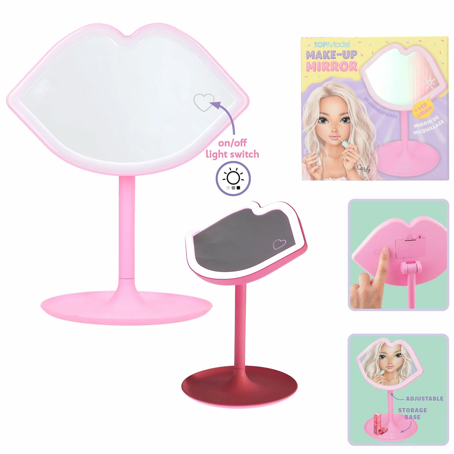 Depesche 14116 TOPModel Candy Glam - Espejo de Mesa con LED, Espejo con Forma de Labios y Borde Luminoso LED, Espejo de Maquillaje con iluminación en Color Rosa