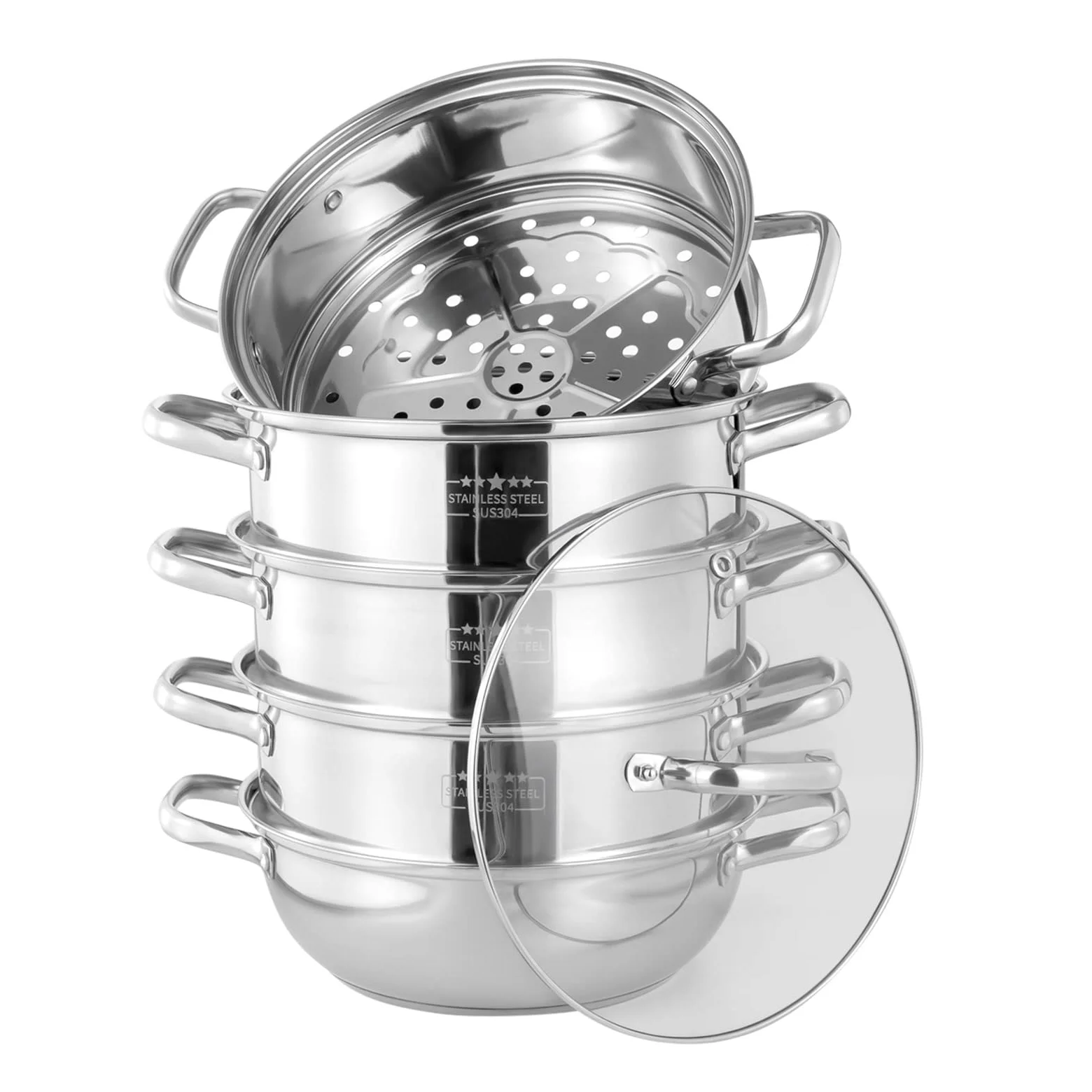 Olla de vapor de inducción Mantowarka de acero inoxidable de 5 capas, de acero inoxidable 304, con tapa de cristal, para cocina al vapor, integrada (plata, 28 cm)