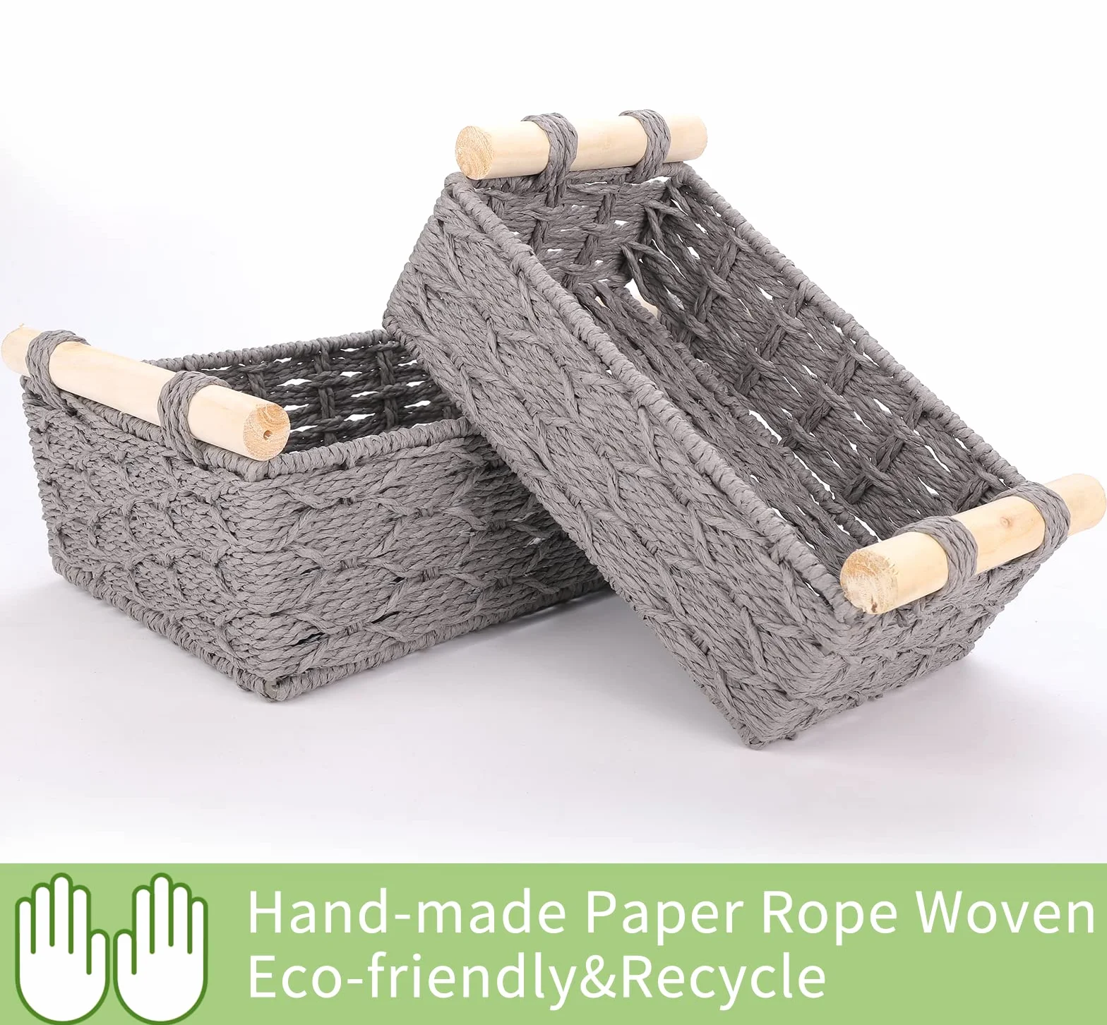 VORHOT 2 Piezas Cestas Almacenaje Tejida Cuerda Papel Boho Decor Cesta Bebe Organizadoras Mango Madera Cajas Decorativas Armarios