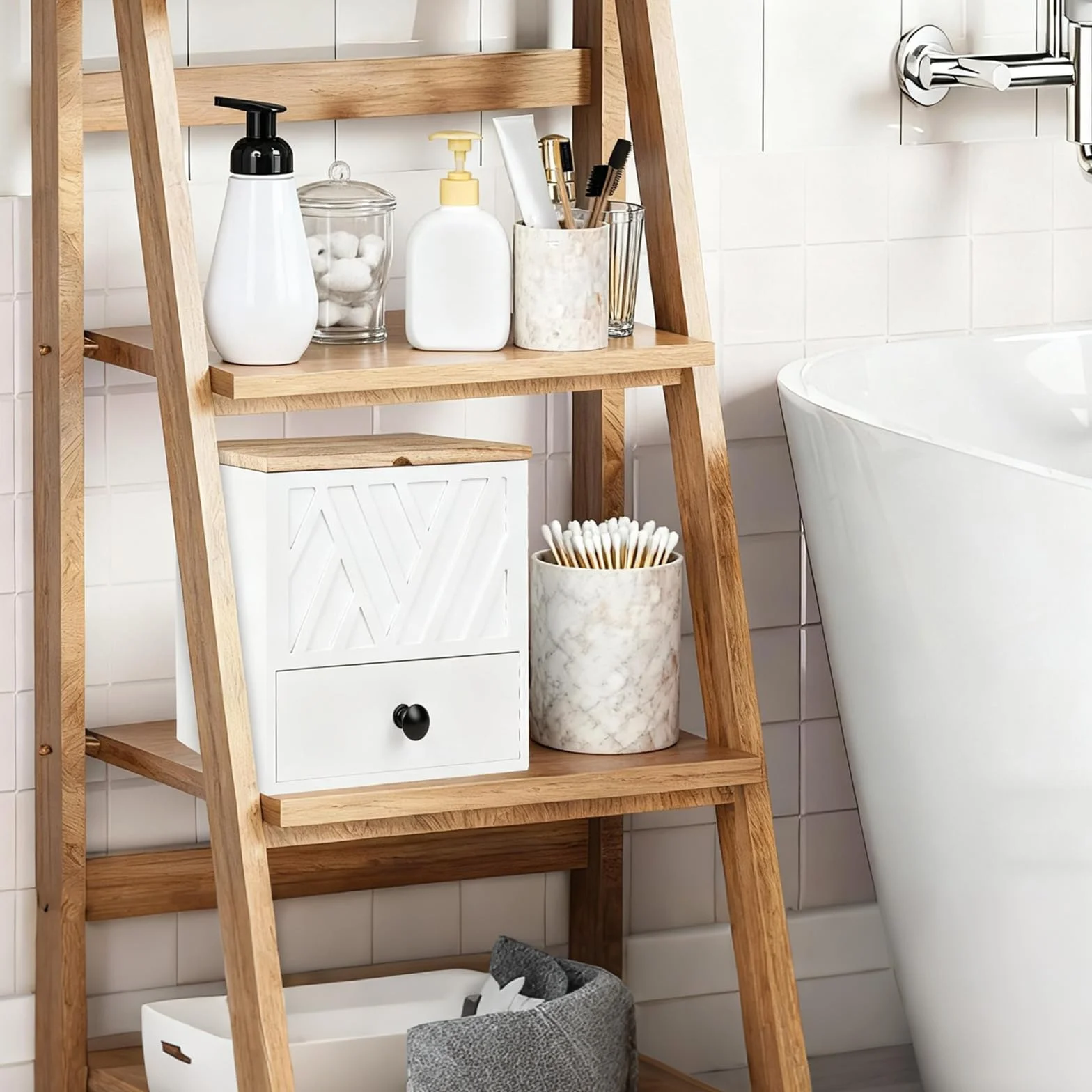3 Compartimentos Caja Organizadora Compresas, Guarda Compresas y Tampones con Tapa Diseño Cajones para Salvaslips de Madera, para Artículos de Higiene Íntima para Niñas, Mujeres y Señoritas (Blanco)