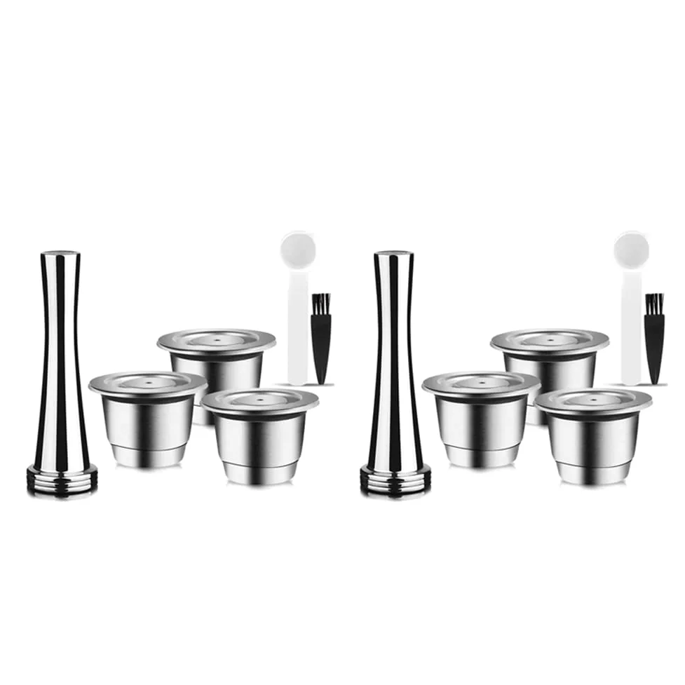 Cápsulas reutilizables, acero inoxidable, 9 almohadillas rellenables para + 3 tamper + 3 cucharas + 3 cepillos