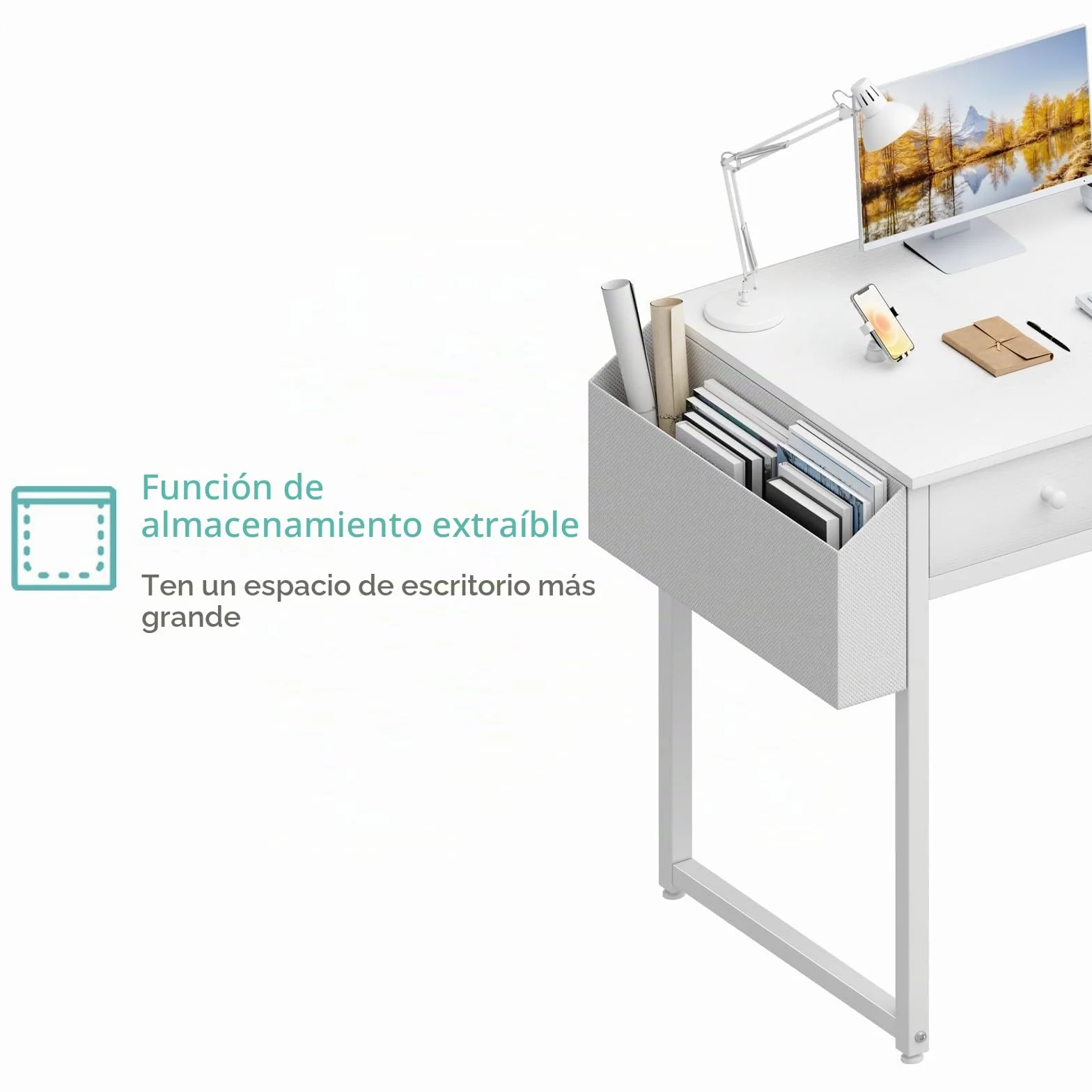 Lufeiya Mesa Escritorio Blanco con cajones, Escritorio Pequeño para Oficina Escritorio Ordenador casa de con cajón de Tela y Bolsa Mesa de Estudio para Espacios 80X40cm