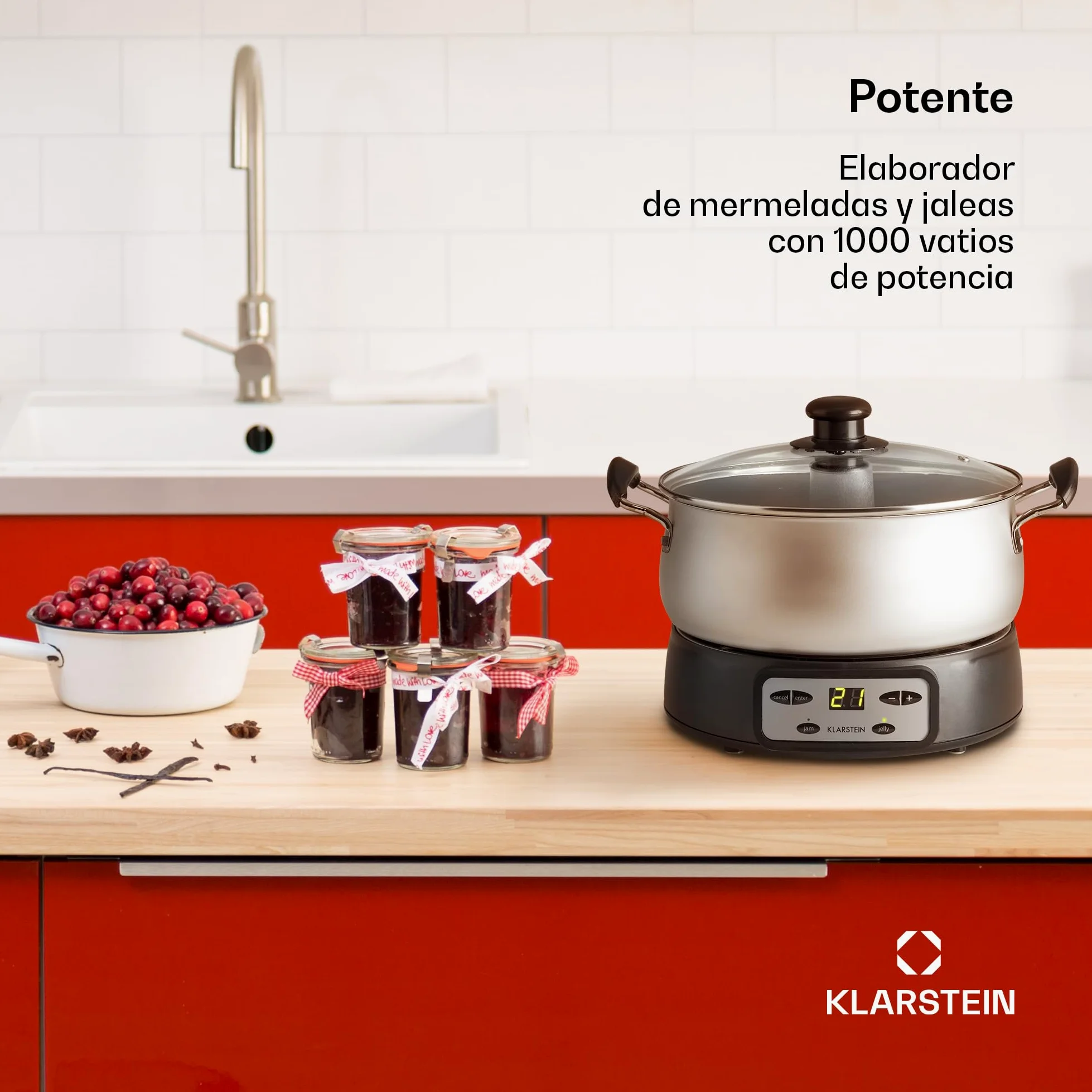Klarstein Jam Session Olla para mermelada y gelatina, 1000W, 2 programas autimáticos, tiempo de cocción programable, mezcladora automática, interior recubierto, apto para lavavajillas, de 3 Litros