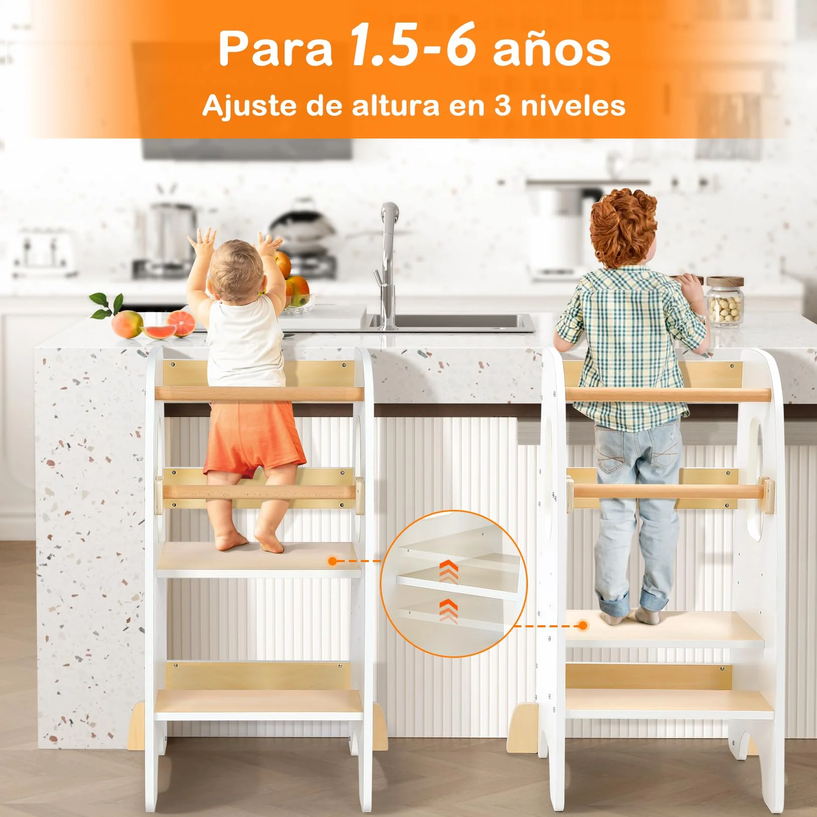 Ezebaby Torre de Aprendizaje Montessori Madera Altura Ajustable con Barandilla de Seguridad para Niños 1-6 Años Blanco
