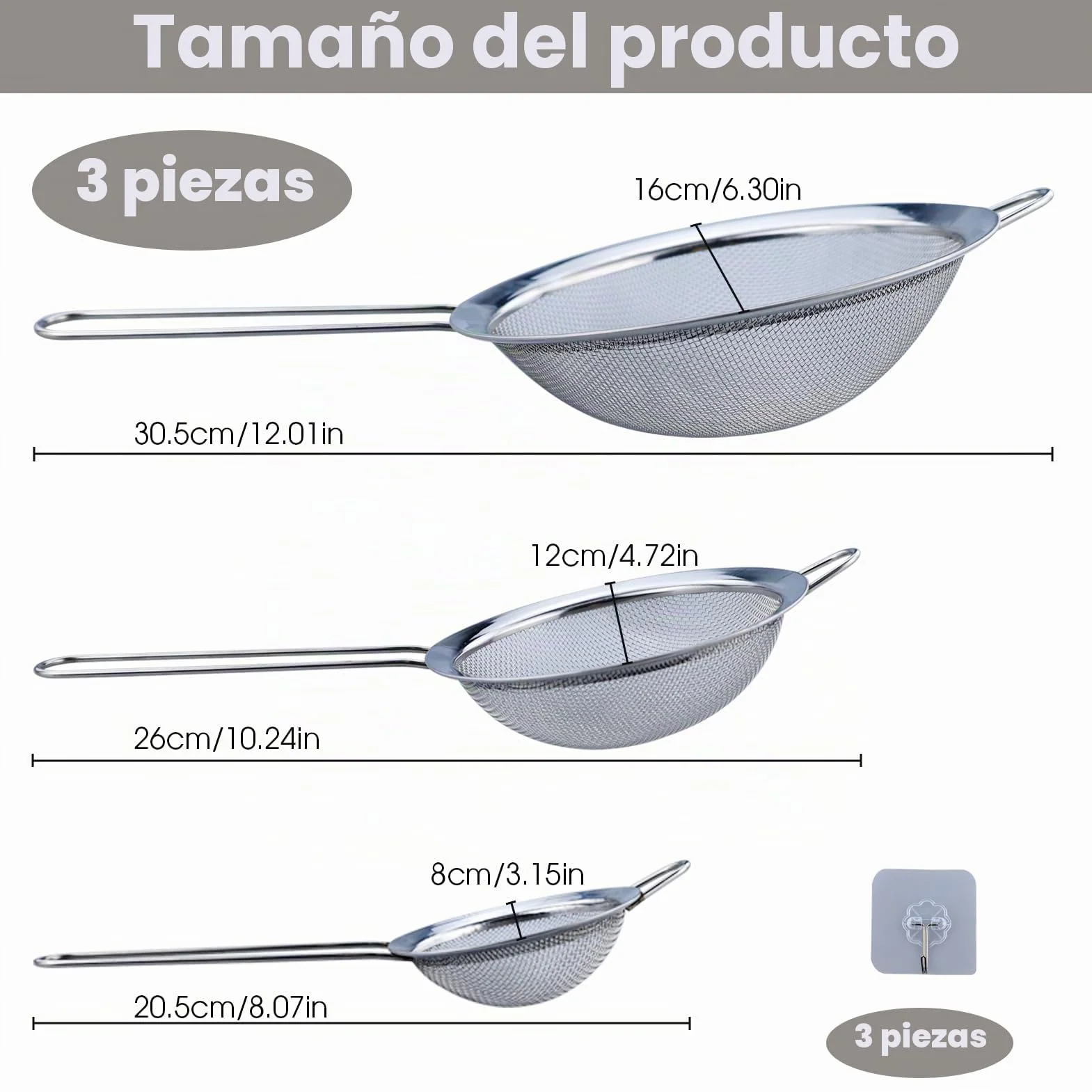 3 Piezas Coladores de Cocina Acero Inoxidable, Colador de Malla Fina con Manija, Tamiz de Harina para Alimentos, Vegetales, Harina y Pasta (8/12/16 cm)