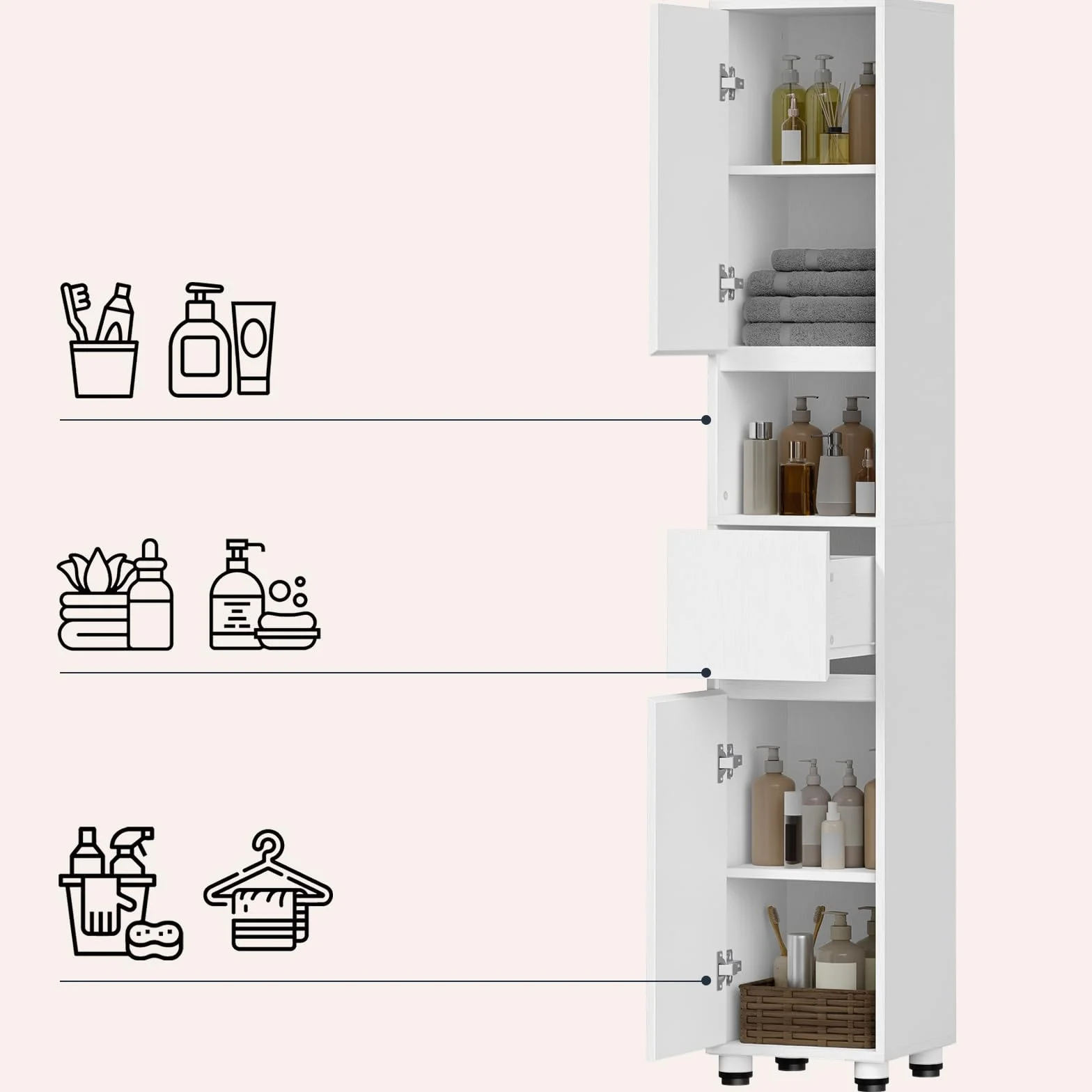 HOOBRO Armario de Baño de 30 x 30 x 170 cm, Puertas y Estantes Interiores Ajustables, 1 Compartimento Abierto y 1 Cajón, para Espacios Reducidos, Baño, Pasillo y Cocina, Acabado en Blanco EWW22BC01