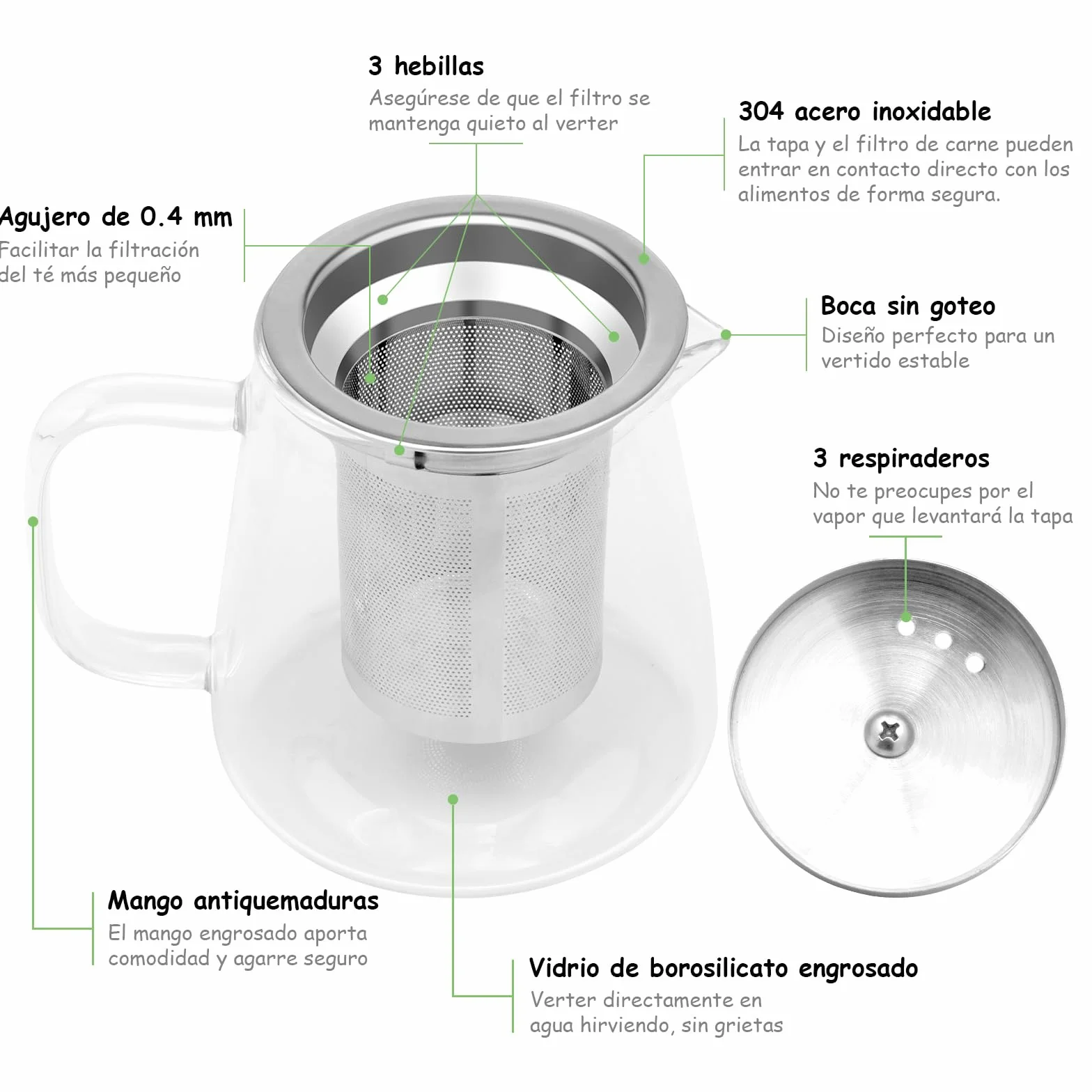 Tetera Borosilicato 750 ml Con Infusor y Colador De Acero Inoxidable, Para Estufa, Té De Hojas Sueltas, Hierbas y Frutas