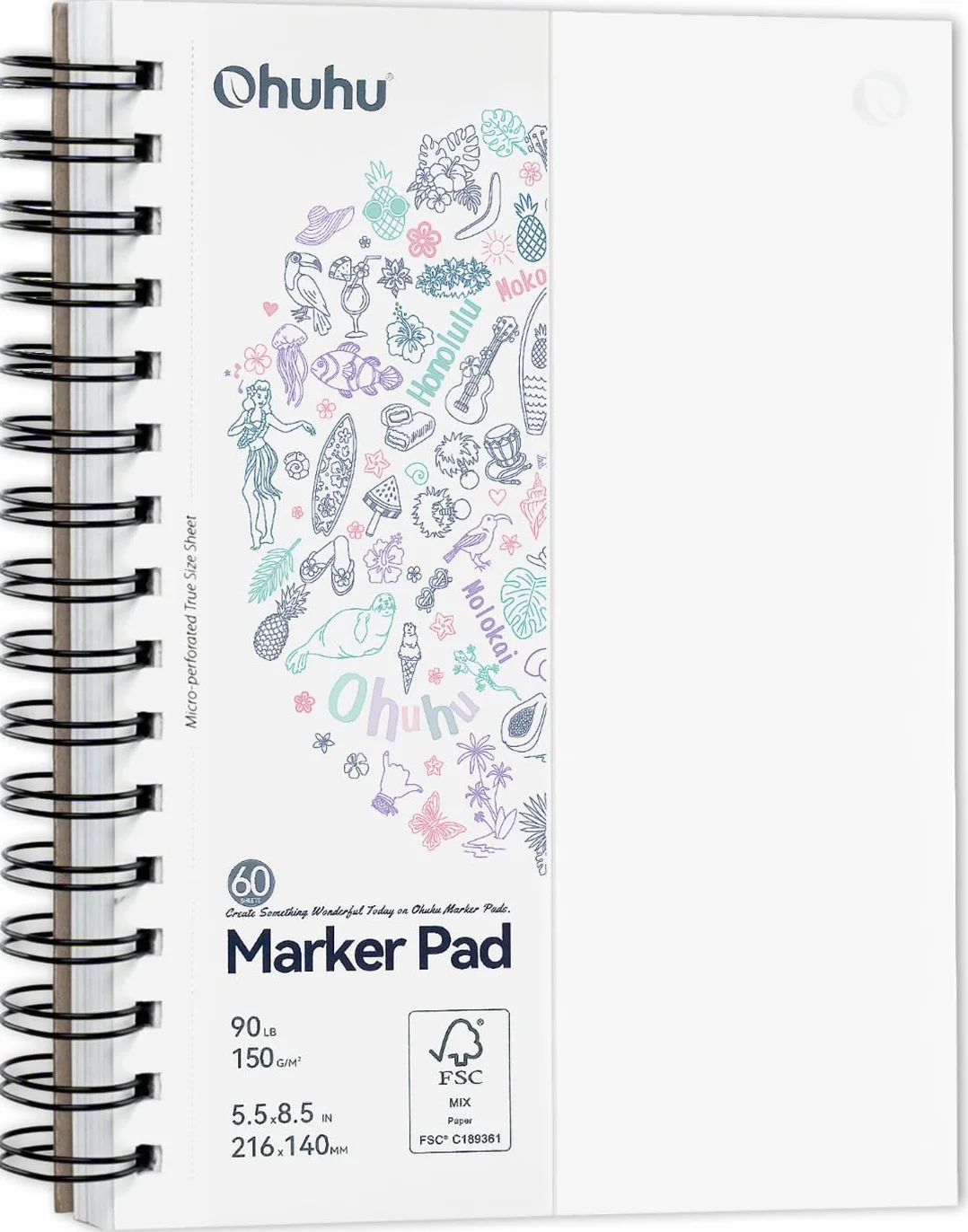 Ohuhu A5 Cuaderno de Dibujo Doble Cara Sin Traspaso - 60 Hojas/120 Páginas, Sketchbook Profesional 150g/m² para Marcadores de Alcohol, Encuadernación en Espiral