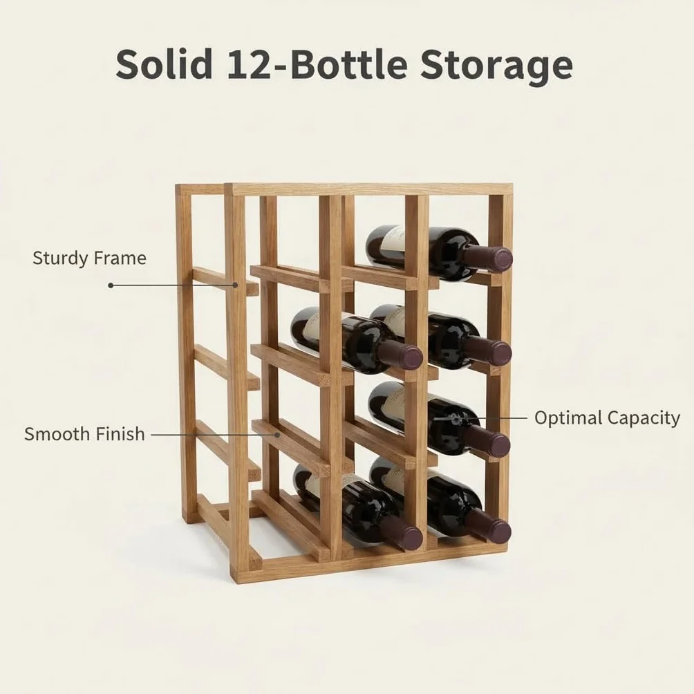 Botellero de Vino, Estante de Vino de Madera Maciza de 3 Niveles, Soporte Independiente para 12 Botellas, Adecuado para Cocina, despensa, Bodega, Bar, 28.8x30x38, XZ-22285