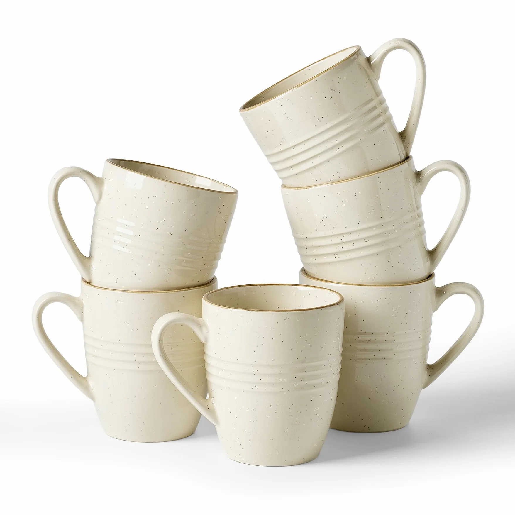 Richmount Jupiter Juego de tazas para café, 6 piezas, capacidad 384 ml, aptas para microondas y lavavajillas, tazas con asa para café, té, cacao, Vainilla Blanca