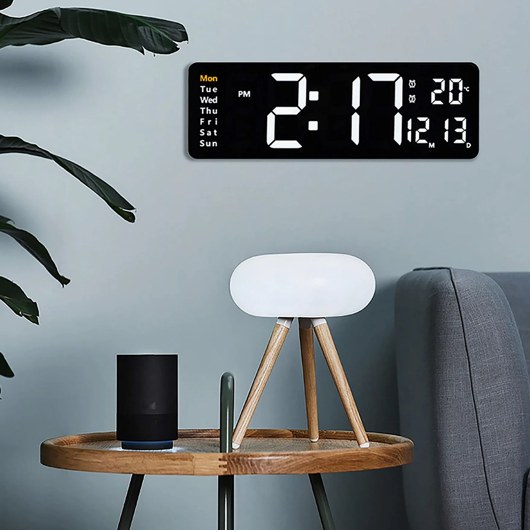 LED Reloj de Pared Digital, Reloj con Control Remoto, 10 Niveles de Ajuste de Brillo, Reloj Despertador con día/Fecha/Temperatura para el hogar Aula,White Shell,Blue Light