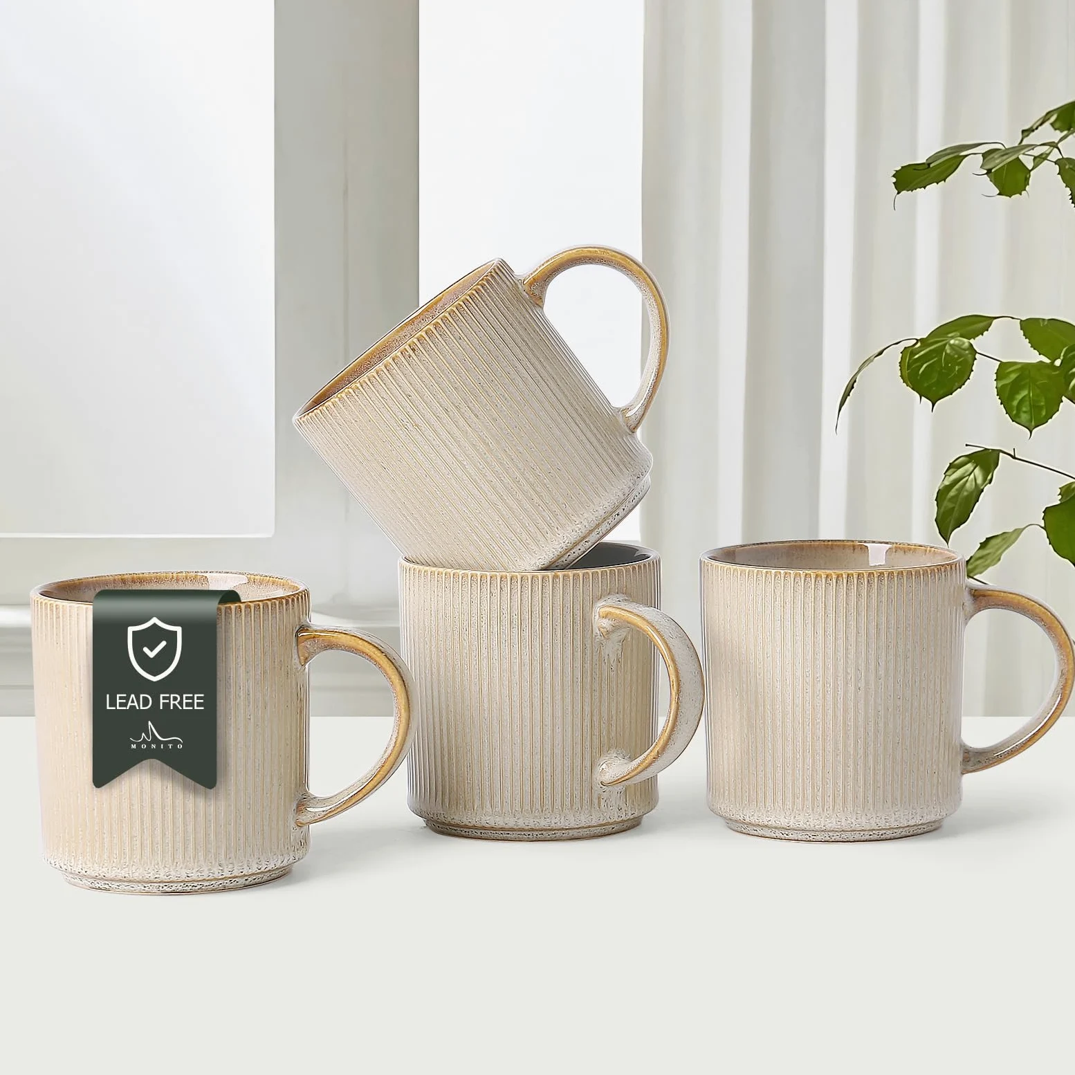 MONITO Juego de 4 tazas de café de 16 onzas, tazas de café de cerámica con asas grandes, adecuadas para latte, té caliente, capuchinos, moca y cacao, beige bonbon