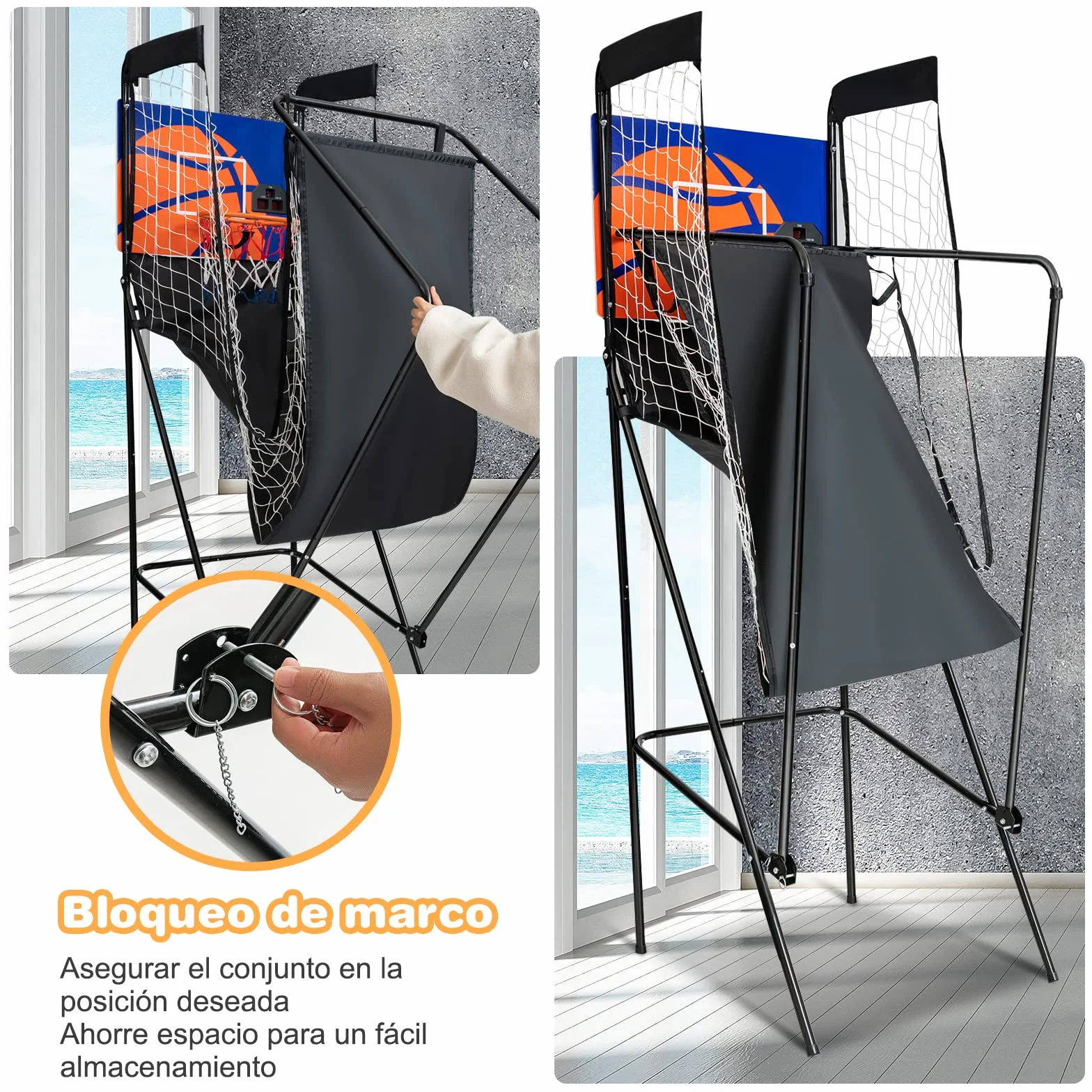 COSTWAY Juego de Canastas de Baloncesto Portátil Plegable con Marcador Electrónico y Compresor, 3 Pelotas, 208 x 62 x 207 cm