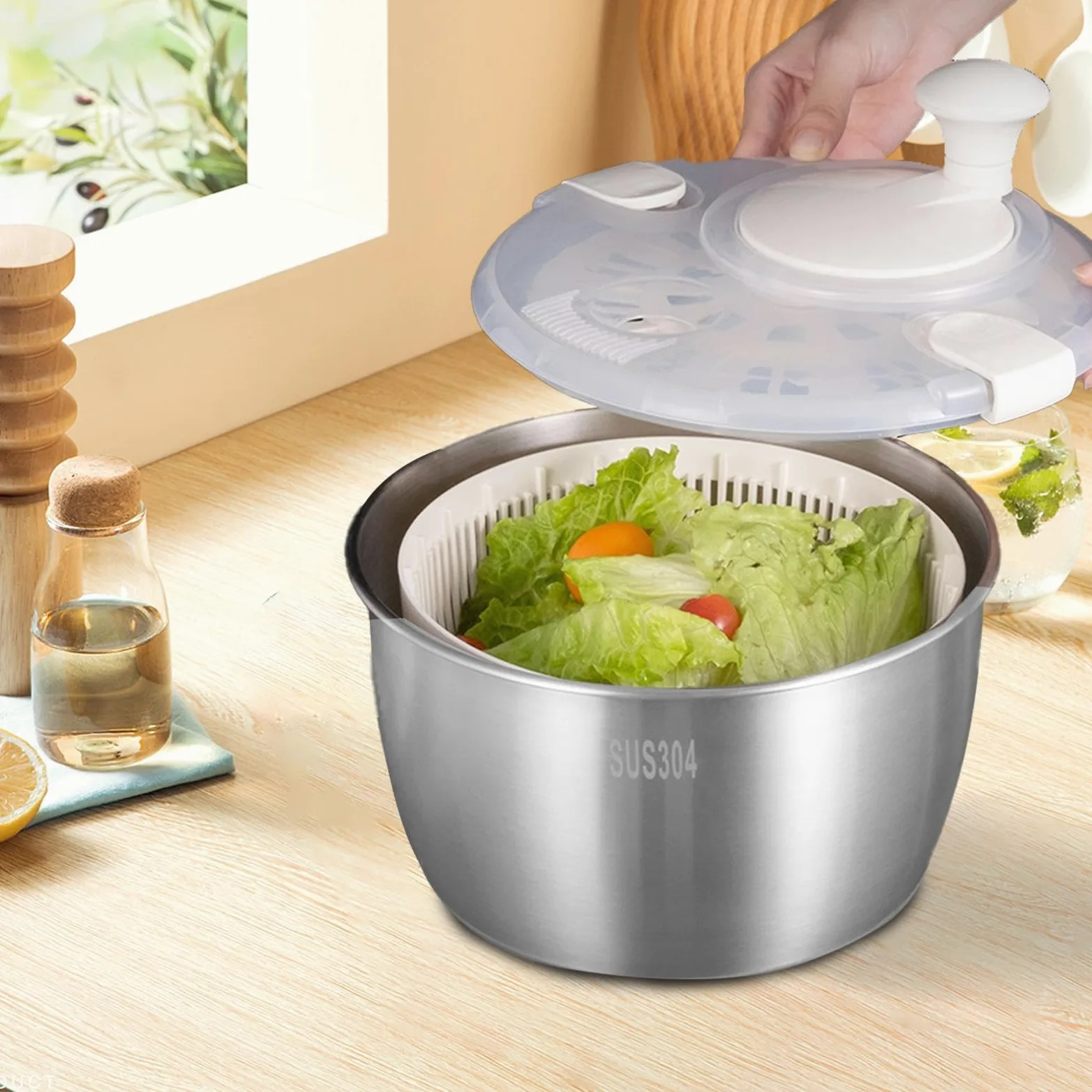 Licuadora de lechuga para lechuga - Centrifugadora de verduras, centrífuga | de ensalada para licuadora de lechuga | Centrifugadora de lechuga de acero ABS con cierres de seguridad, gadget de cocina